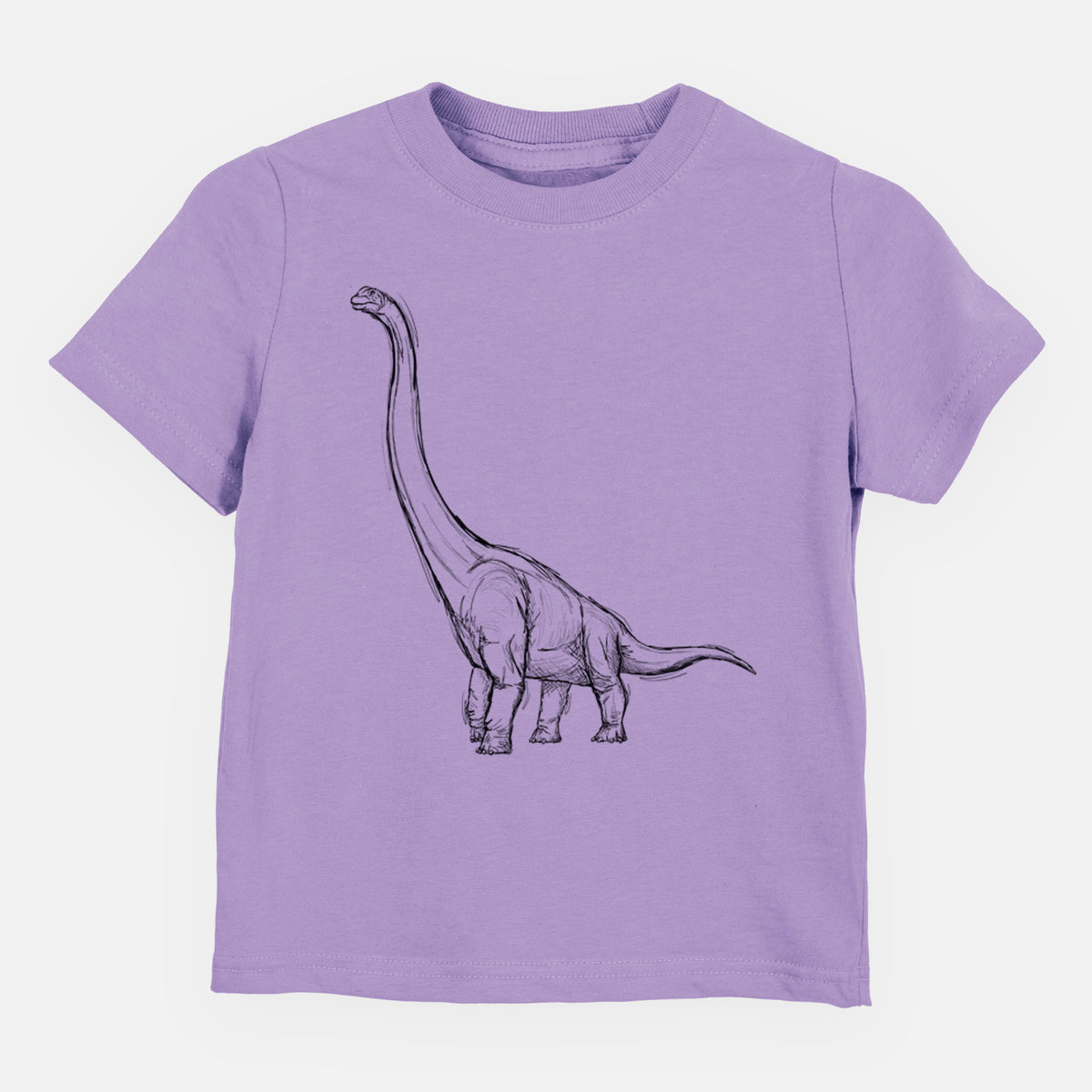 Lavender toddler t-shirt laid flat, printed with a black ink illustration of a long-necked Apatosaurus walking.