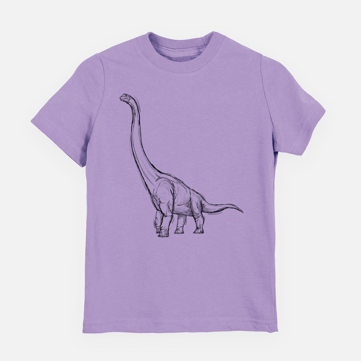 Lavender youth t-shirt laid flat, printed with a black ink illustration of a long-necked Apatosaurus walking.
