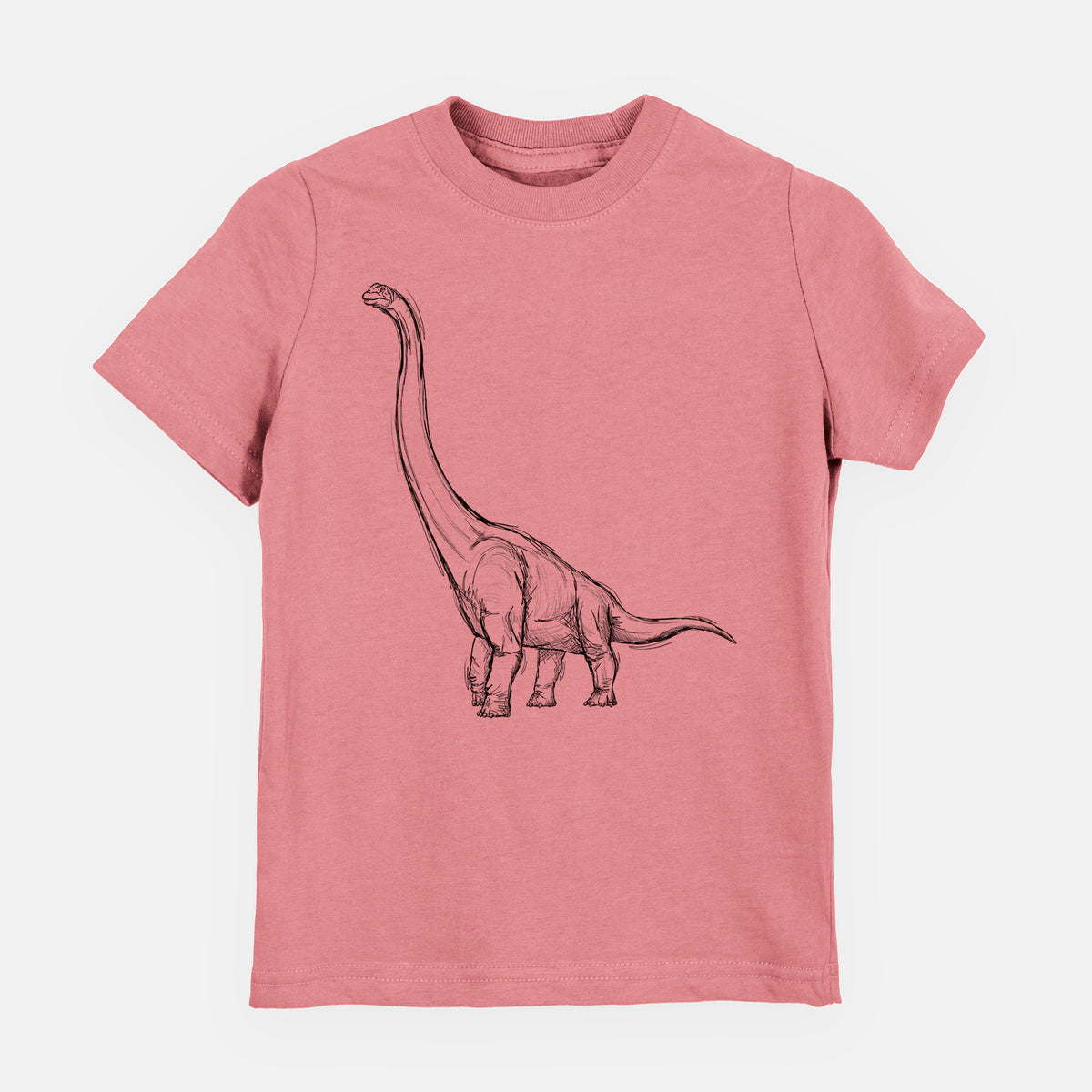Mauve pink youth t-shirt laid flat, printed with a black ink illustration of a long-necked Apatosaurus walking.