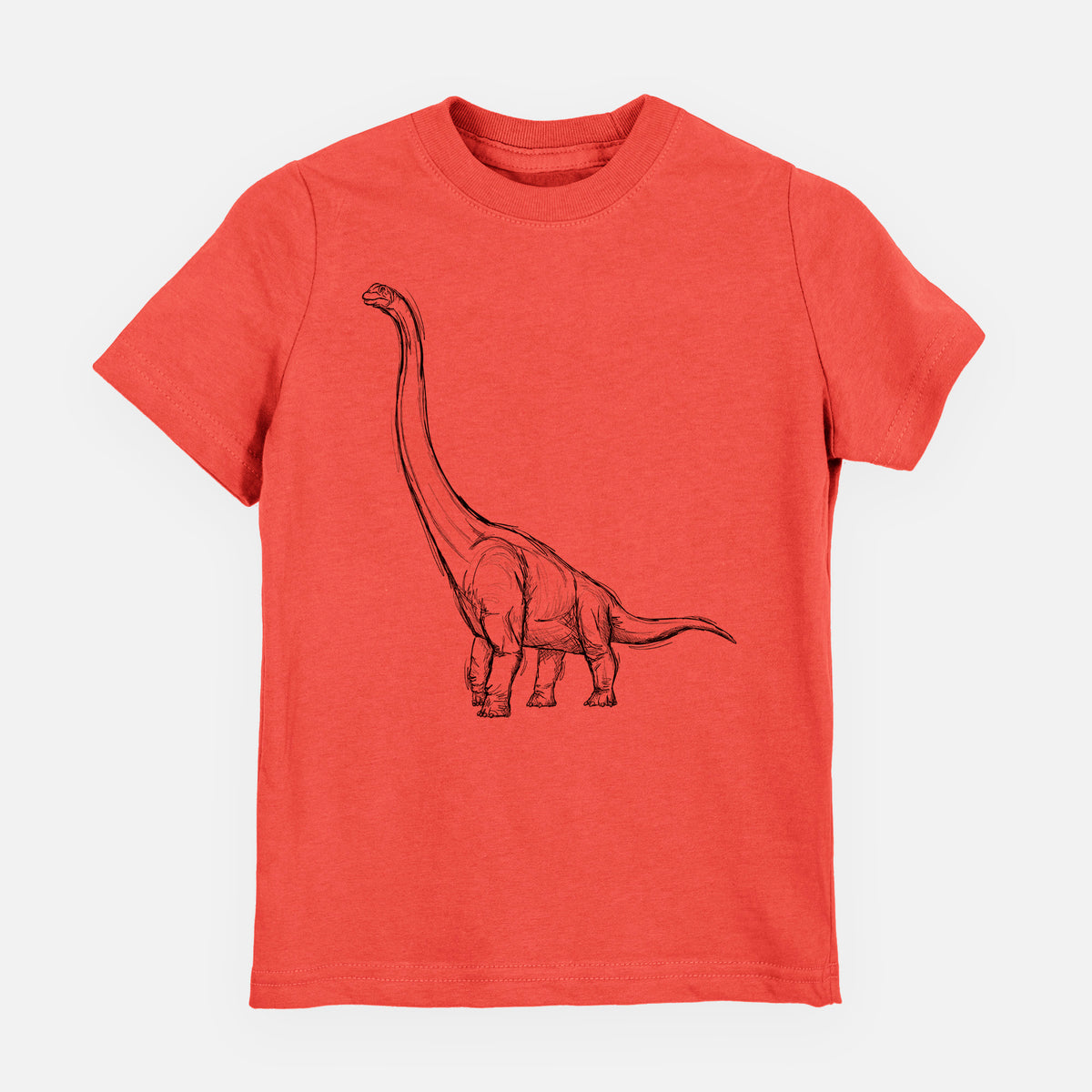 Passionfruit pink youth t-shirt laid flat, printed with a black ink illustration of a long-necked Apatosaurus walking.