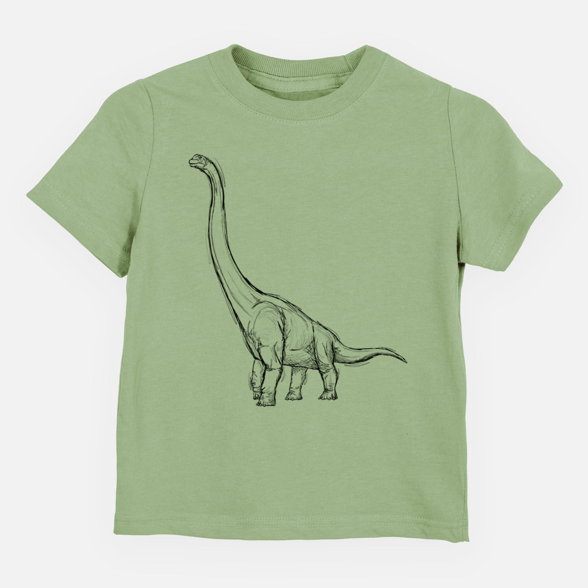 Sage green toddler t-shirt laid flat, printed with a black ink illustration of a long-necked Apatosaurus walking.