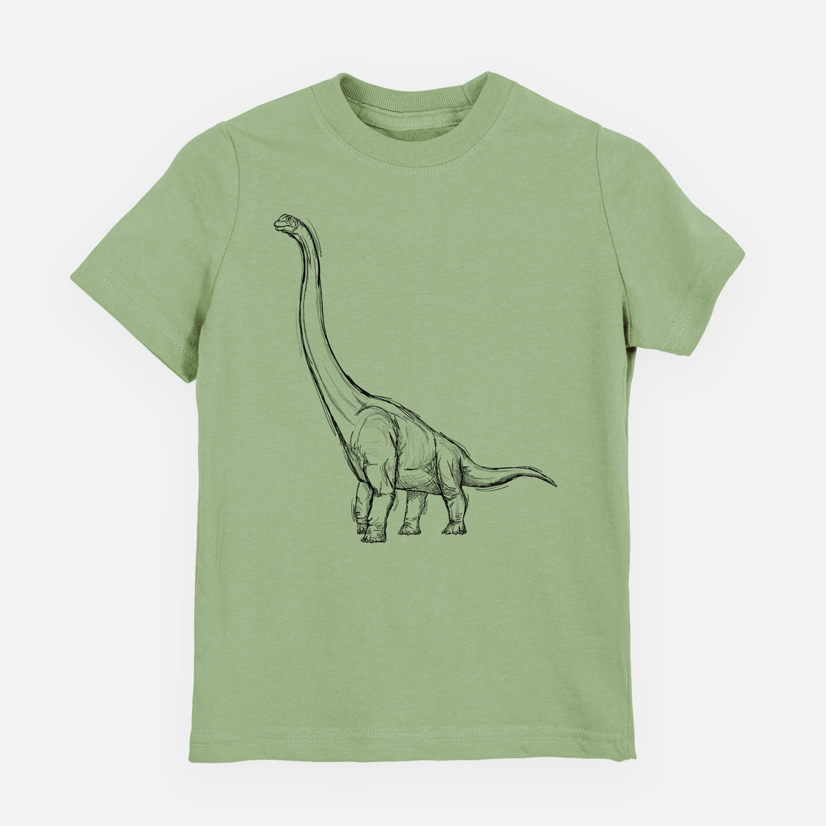 Sage green youth t-shirt laid flat, printed with a black ink illustration of a long-necked Apatosaurus walking.