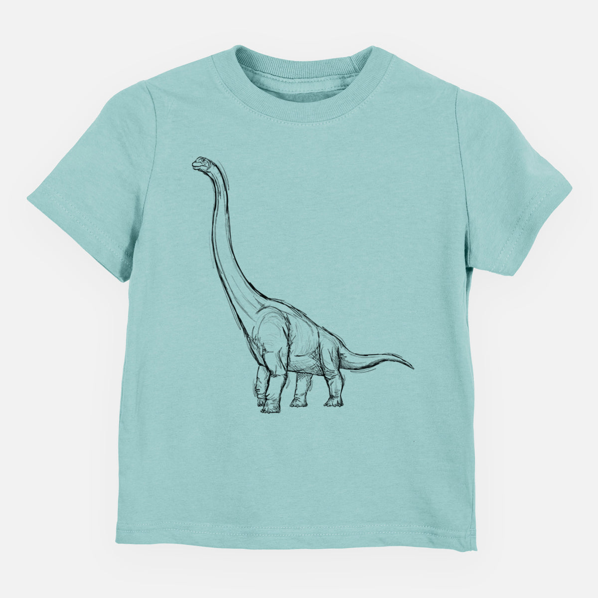 Saltwater toddler t-shirt laid flat, printed with a black ink illustration of a long-necked Apatosaurus walking.