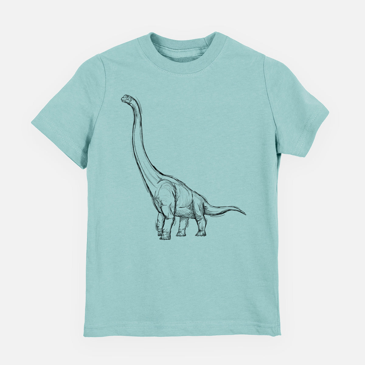 Saltwater youth t-shirt laid flat, printed with a black ink illustration of a long-necked Apatosaurus walking.