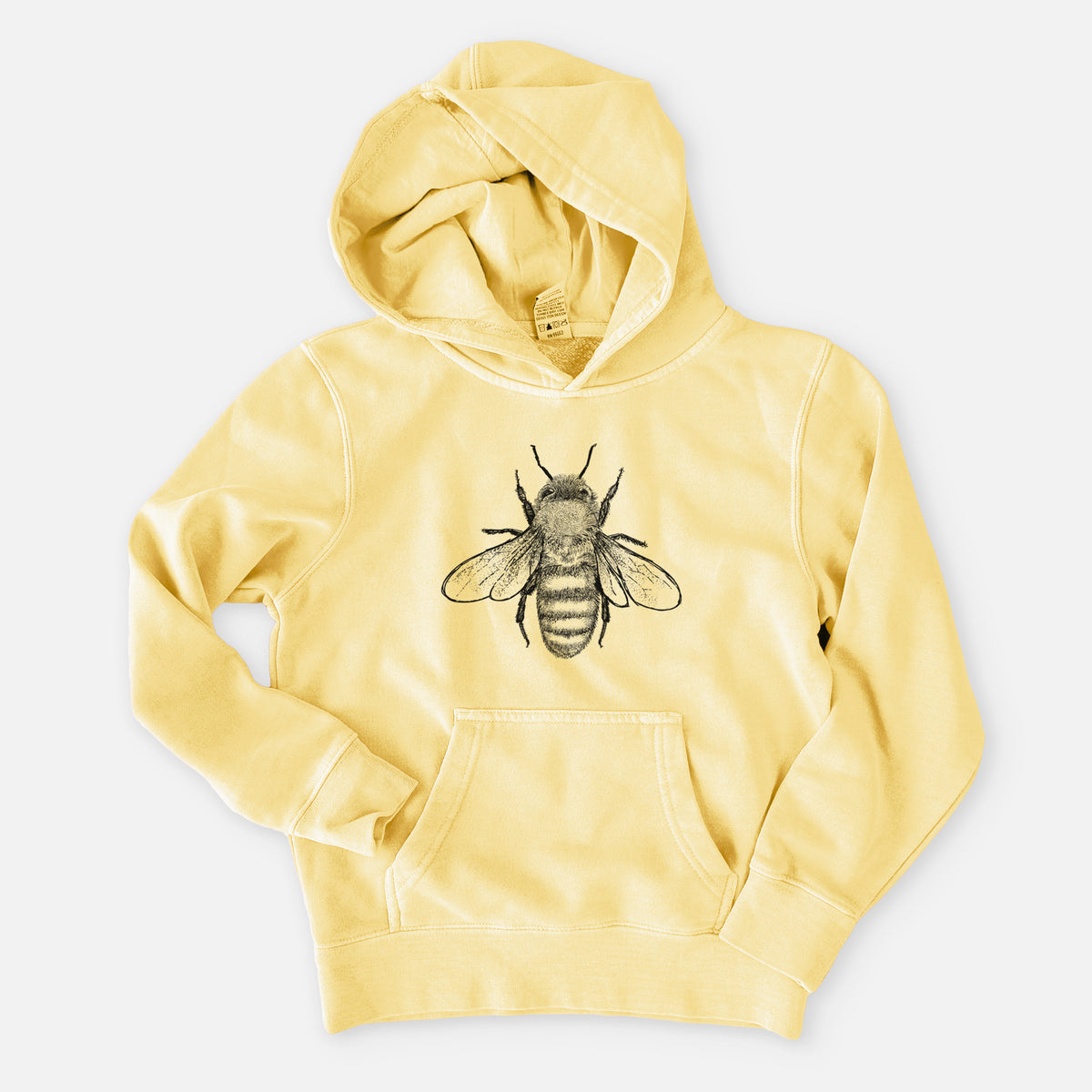 Pigment yellow youth pigment dyed hoodie laid flat, printed with a detailed black ink illustration of a honey bee with its wings spread, seen from above.
