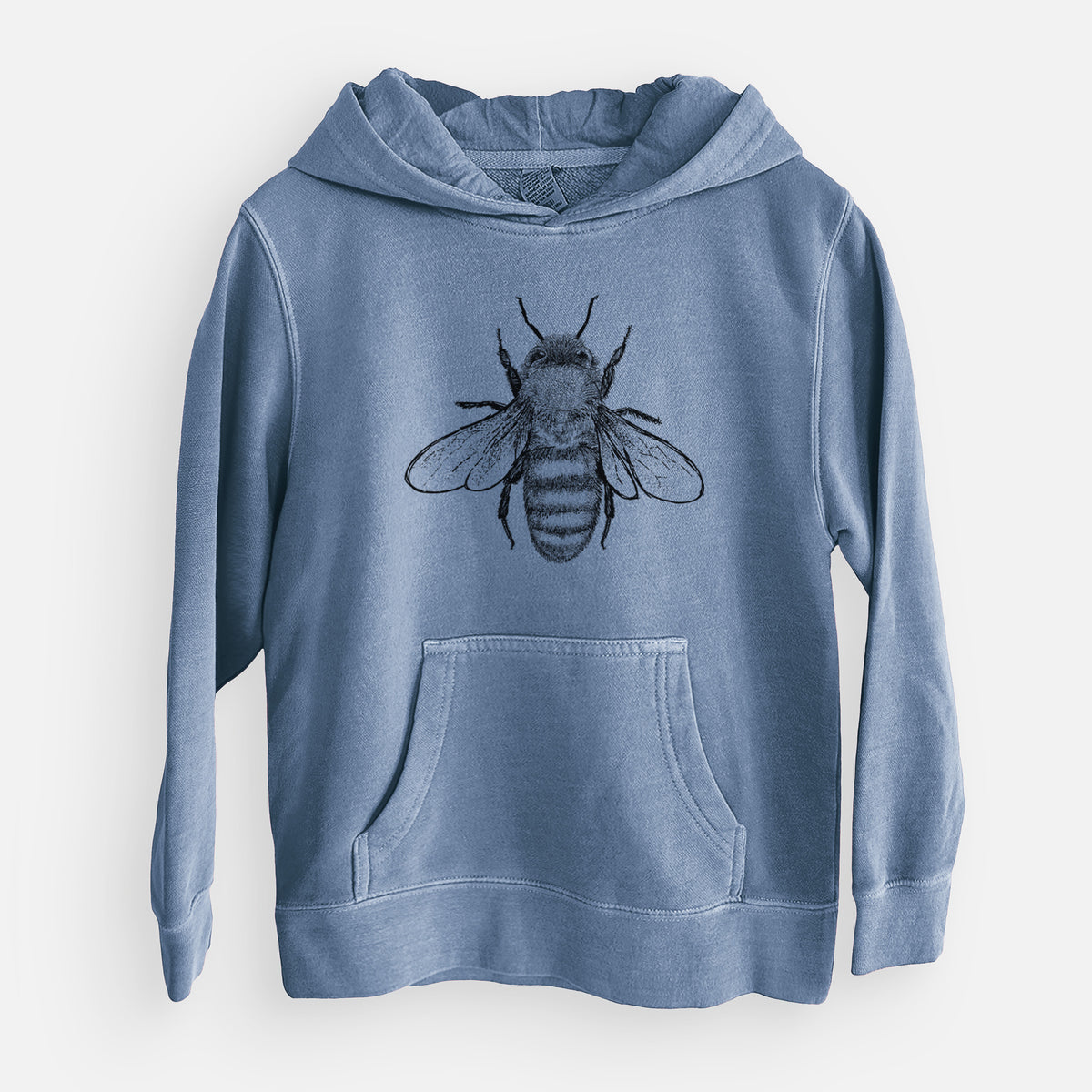 Slate blue youth pigment dyed hoodie laid flat, printed with a detailed black ink illustration of a honey bee with its wings spread, seen from above.