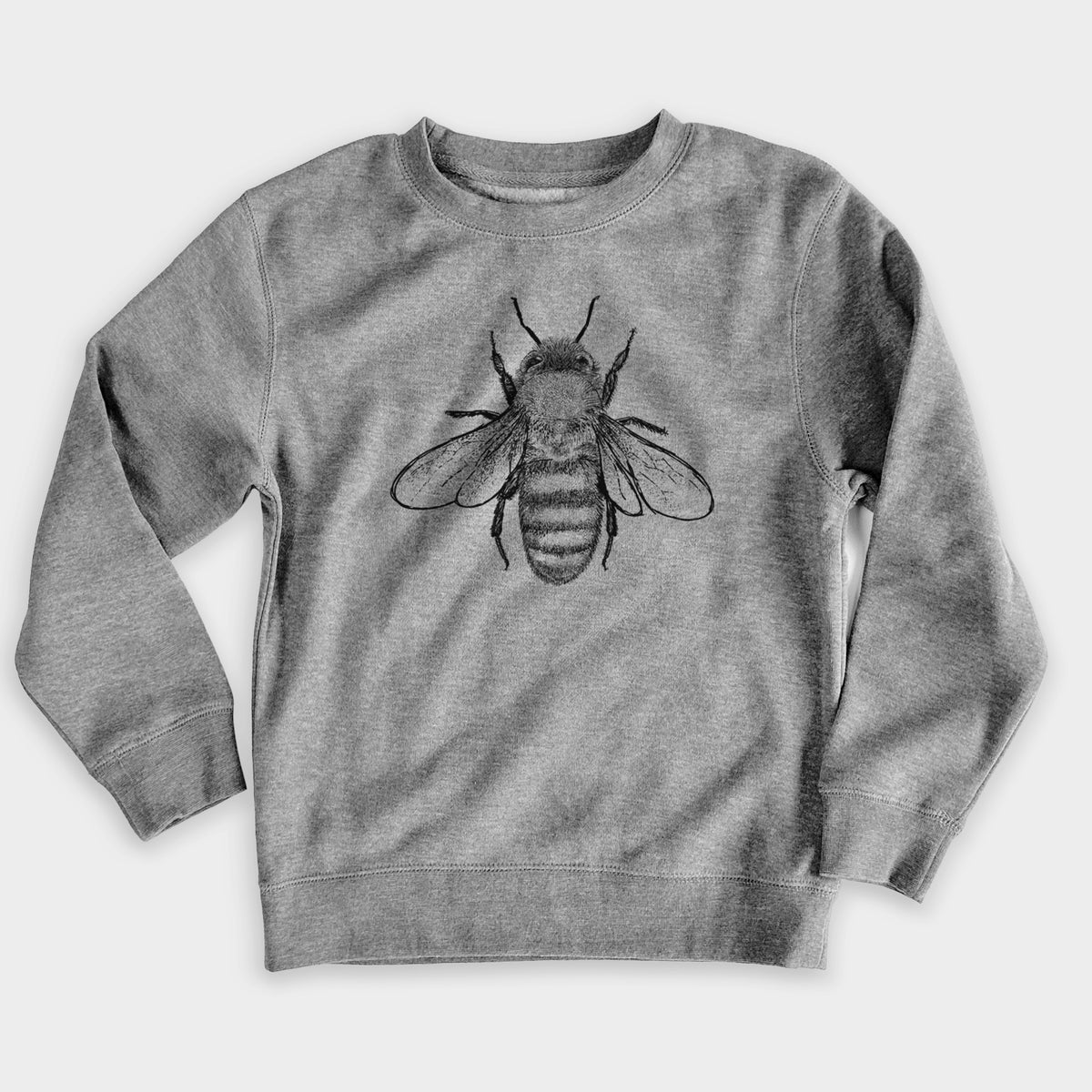 Nickel grey youth crewneck sweatshirt laid flat, printed with a detailed black ink illustration of a honey bee with its wings spread, seen from above.