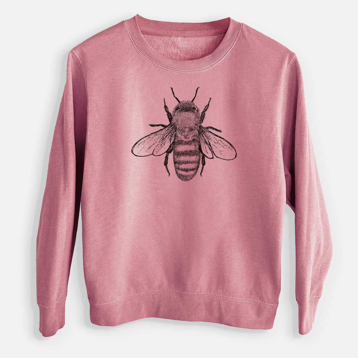 Mauve pink youth crewneck sweatshirt laid flat, printed with a detailed black ink illustration of a honey bee with its wings spread, seen from above.