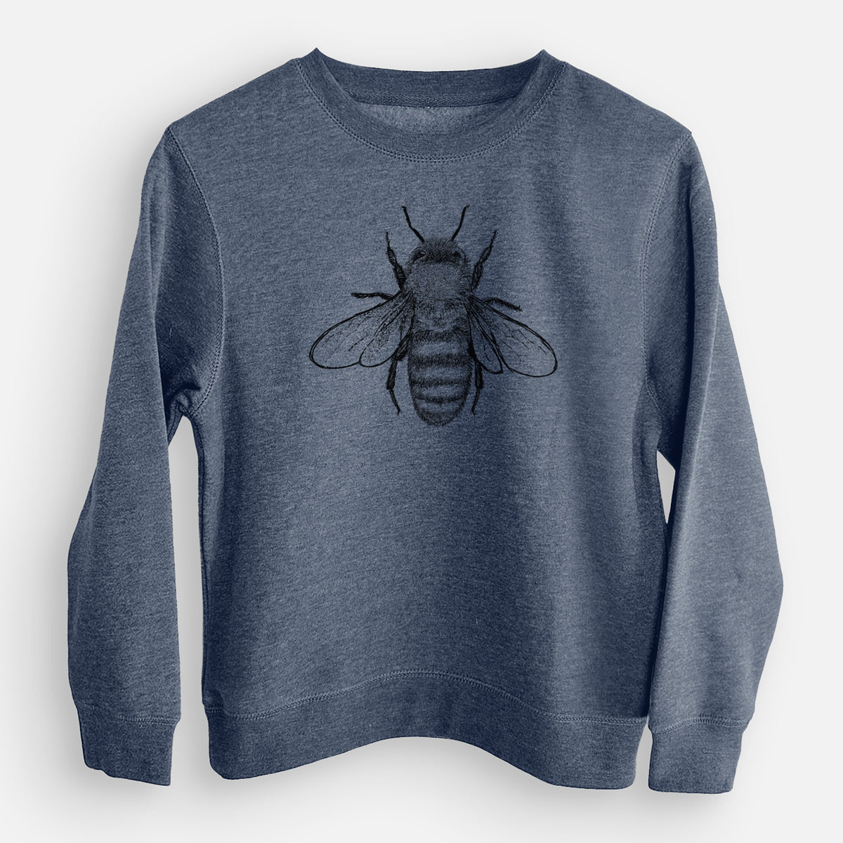 Storm blue youth crewneck sweatshirt laid flat, printed with a detailed black ink illustration of a honey bee with its wings spread, seen from above.