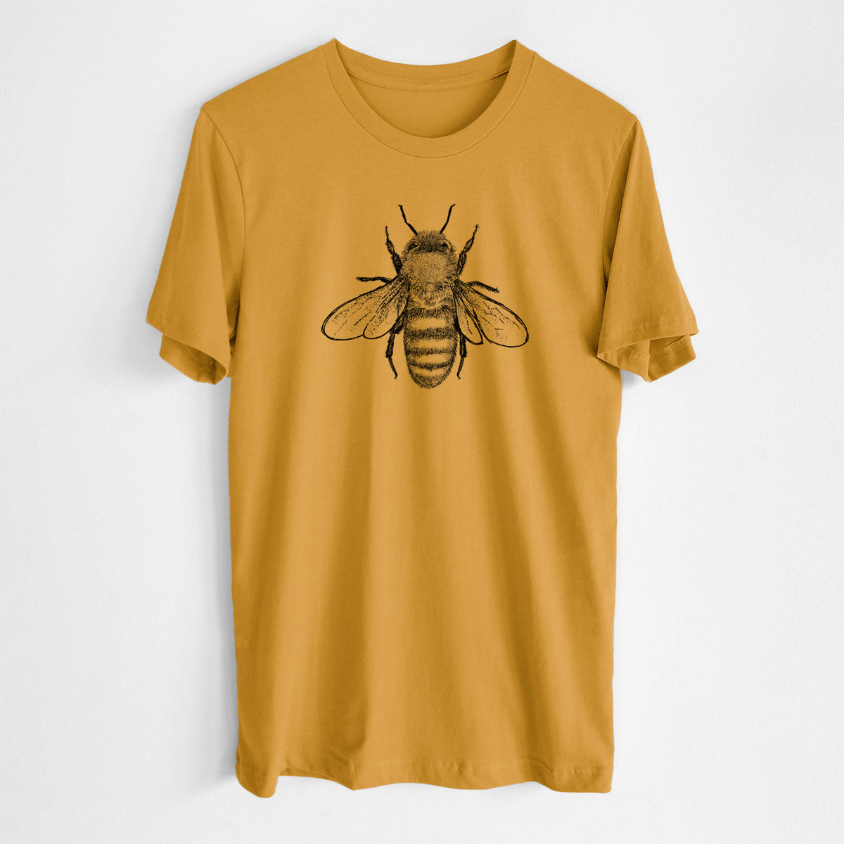Honeycomb yellow lightweight cotton t-shirt laid flat, printed with a detailed black ink illustration of a honey bee with its wings spread, seen from above.
