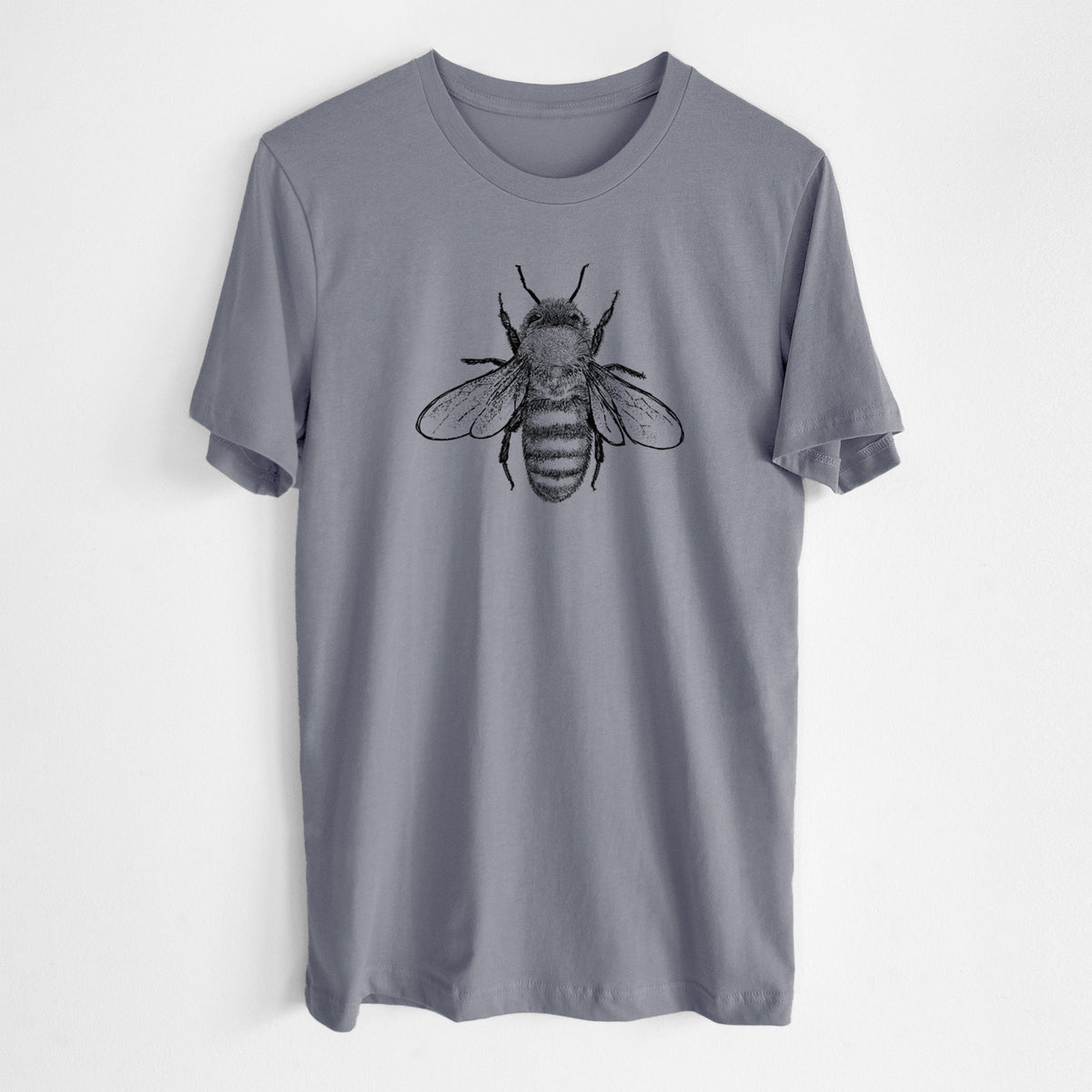 Storm grey lightweight cotton t-shirt laid flat, printed with a detailed black ink illustration of a honey bee with its wings spread, seen from above.