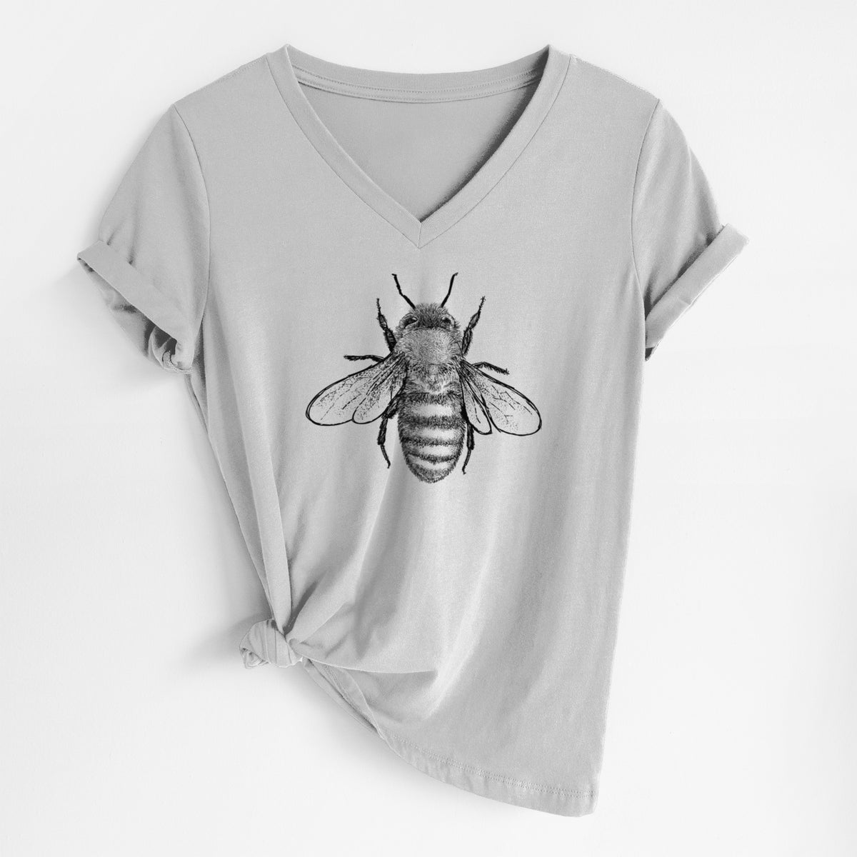 Lunar grey women's relaxed fit cotton V-neck t-shirt laid flat, printed with a detailed black ink illustration of a honey bee with its wings spread, seen from above.