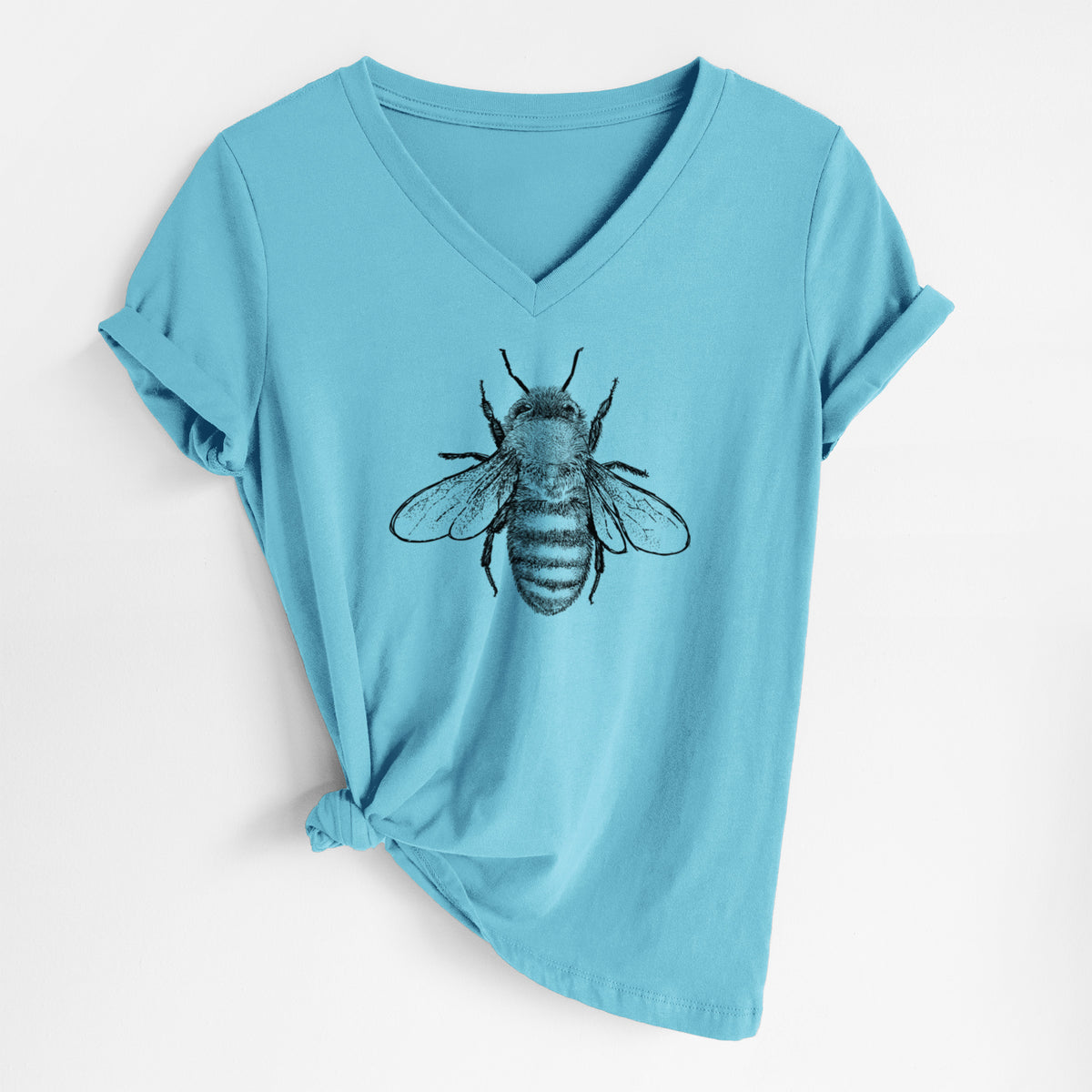 Turquoise women's relaxed fit cotton V-neck t-shirt laid flat, printed with a detailed black ink illustration of a honey bee with its wings spread, seen from above.