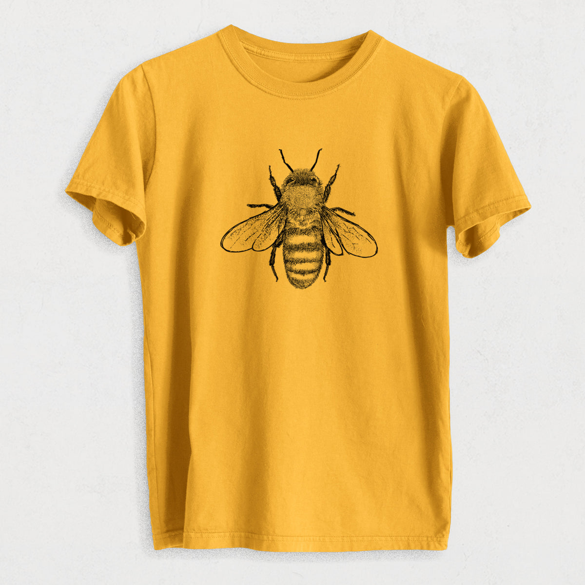 Beehive yellow organic cotton t-shirt printed with a detailed black ink illustration of a honey bee with its wings spread, seen from above.