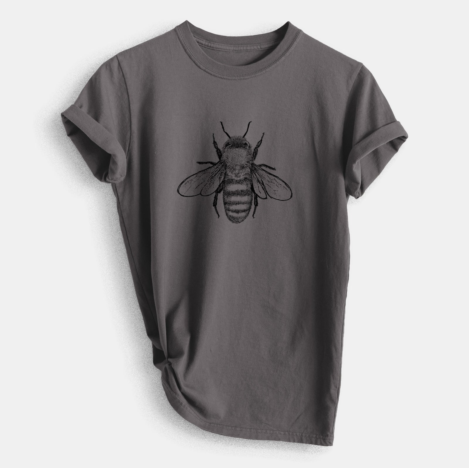 Charcoal organic cotton t-shirt printed with a detailed black ink illustration of a honey bee with its wings spread, seen from above.