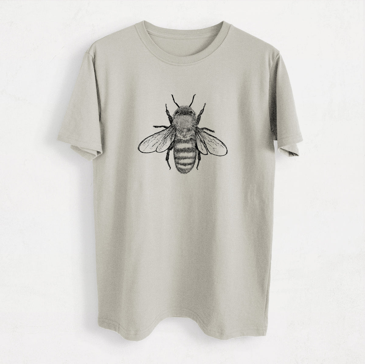 Dolphin organic cotton t-shirt printed with a detailed black ink illustration of a honey bee with its wings spread, seen from above.