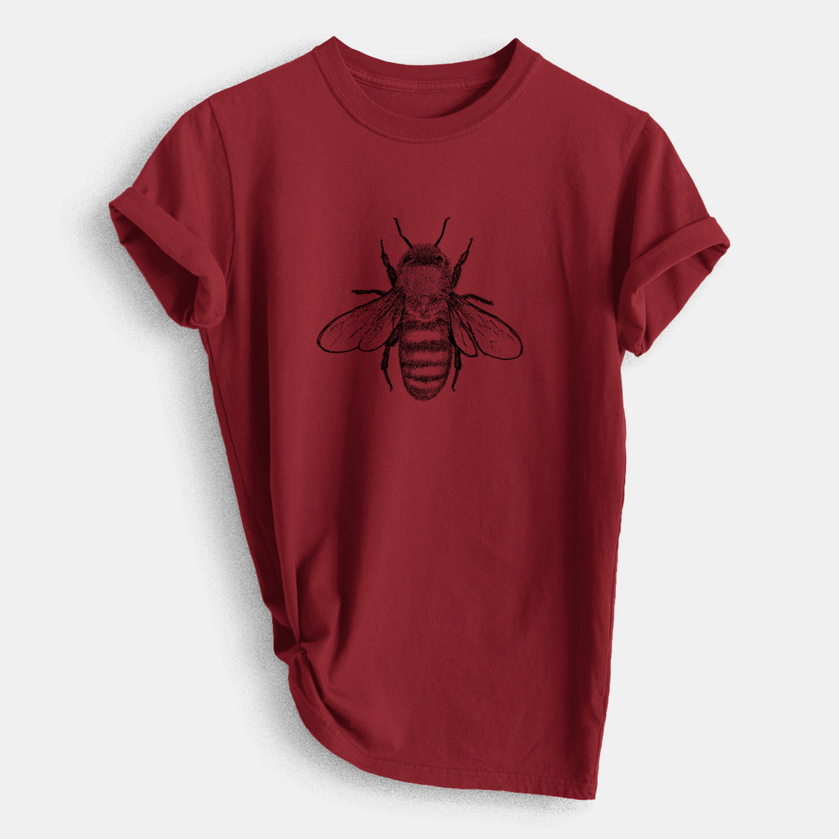 Manzanita organic cotton t-shirt printed with a detailed black ink illustration of a honey bee with its wings spread, seen from above.