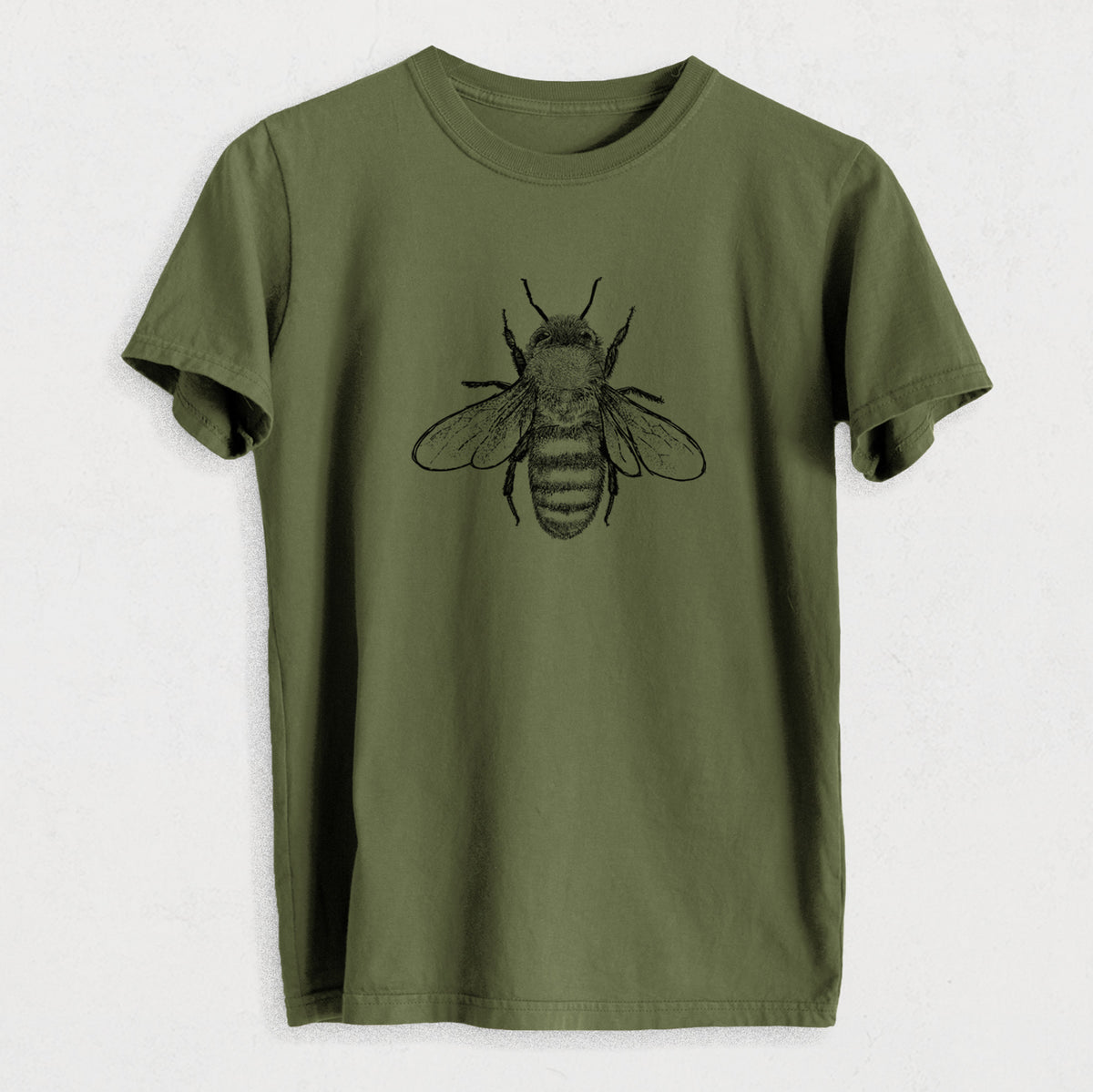 Olive organic cotton t-shirt printed with a detailed black ink illustration of a honey bee with its wings spread, seen from above.