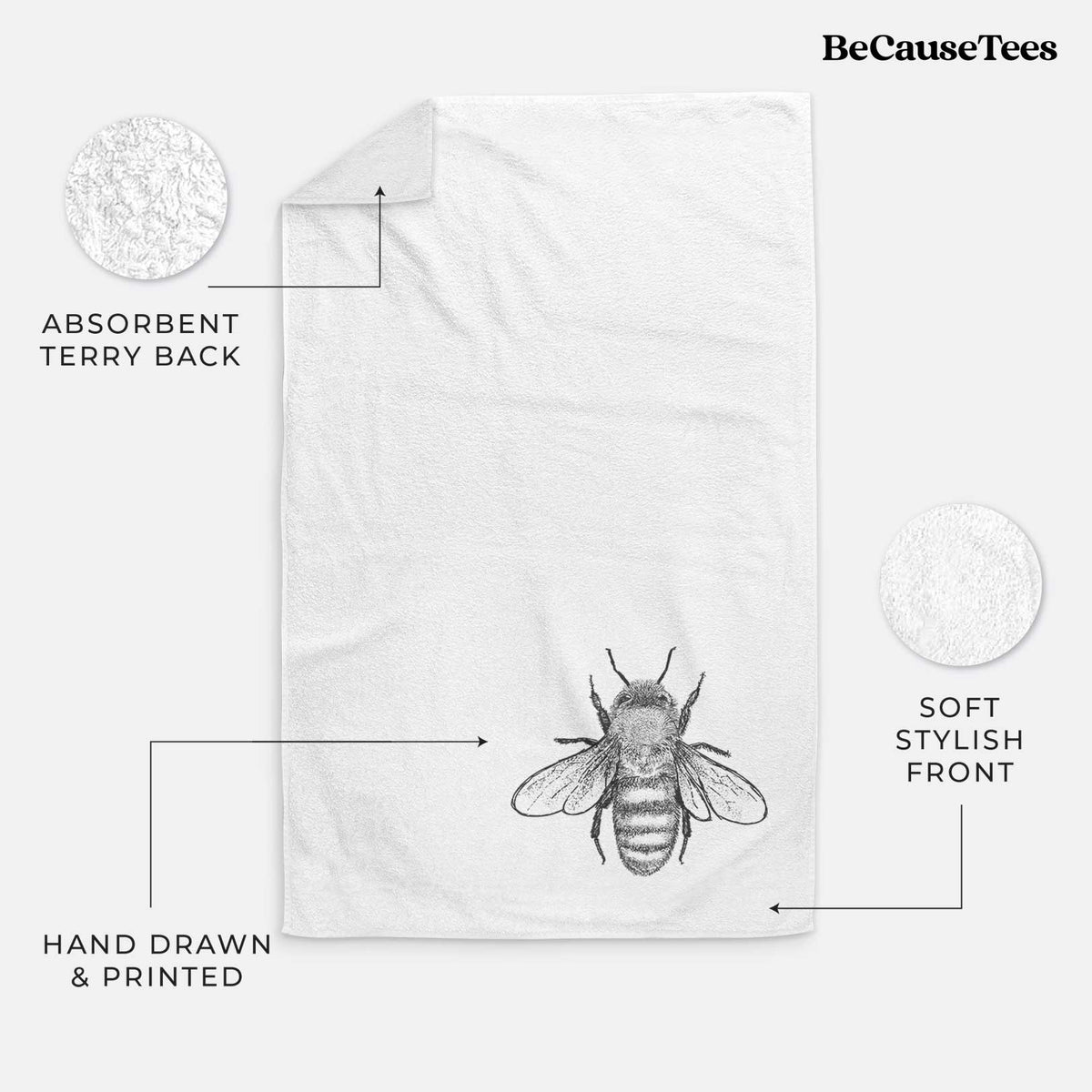 White hand towel printed with a detailed black ink illustration of a honey bee with its wings spread, seen from above.