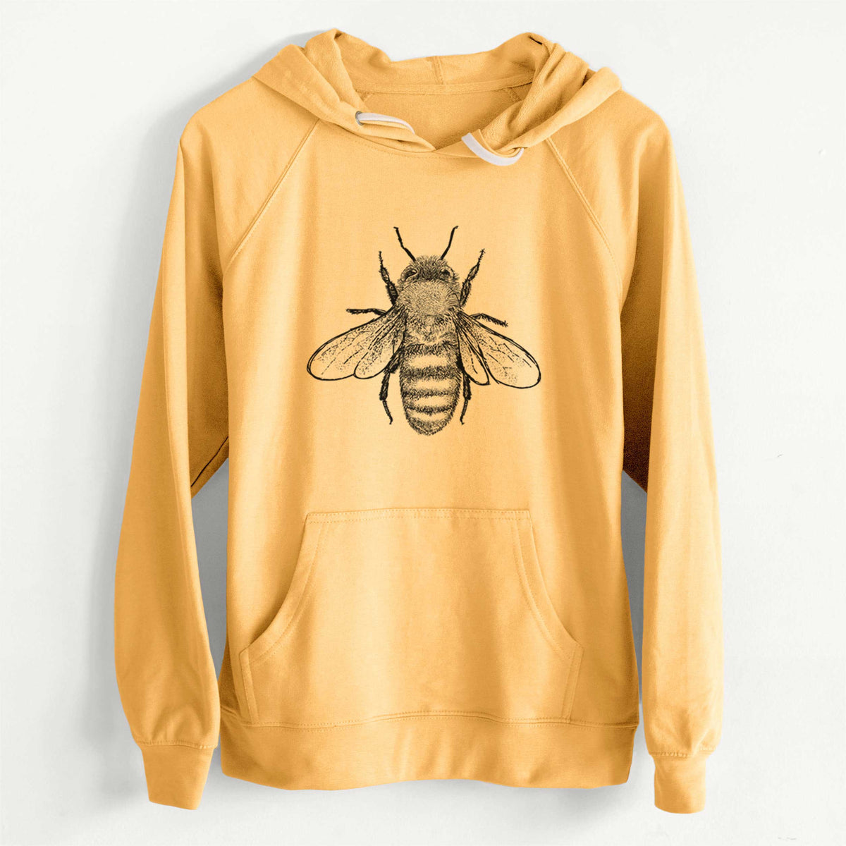Harvest gold loopback terry hoodie printed with a detailed black ink illustration of a honey bee with its wings spread, seen from above.