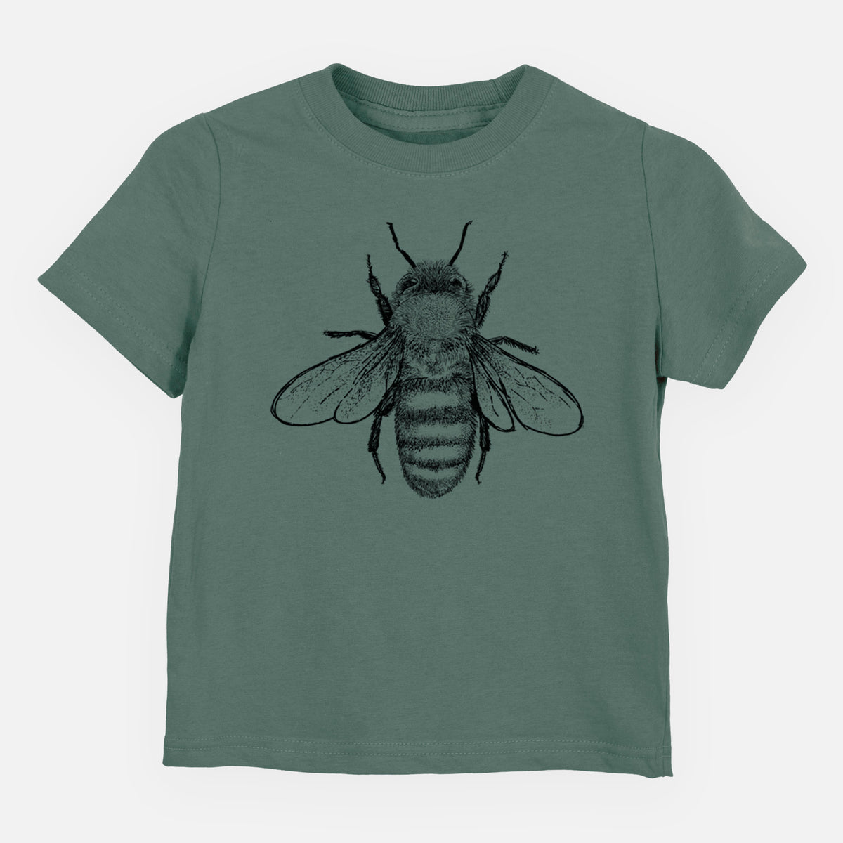 Basil green toddler t-shirt laid flat, printed with a detailed black ink illustration of a honey bee with its wings spread, seen from above.