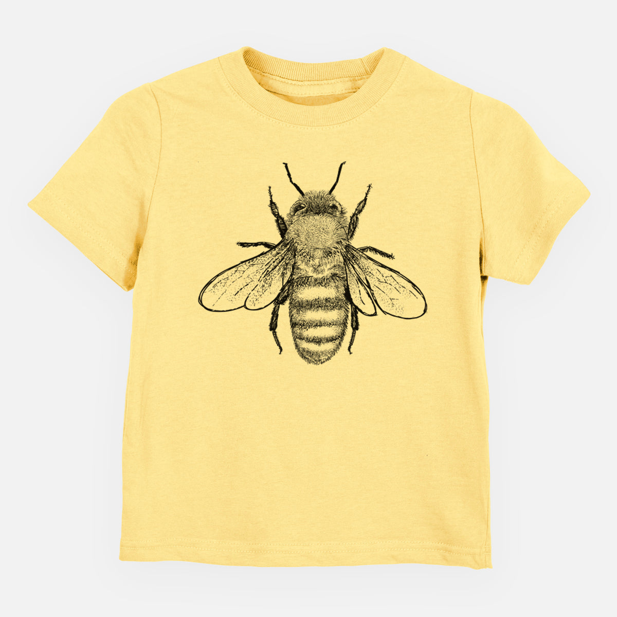 Butter yellow toddler t-shirt laid flat, printed with a detailed black ink illustration of a honey bee with its wings spread, seen from above.