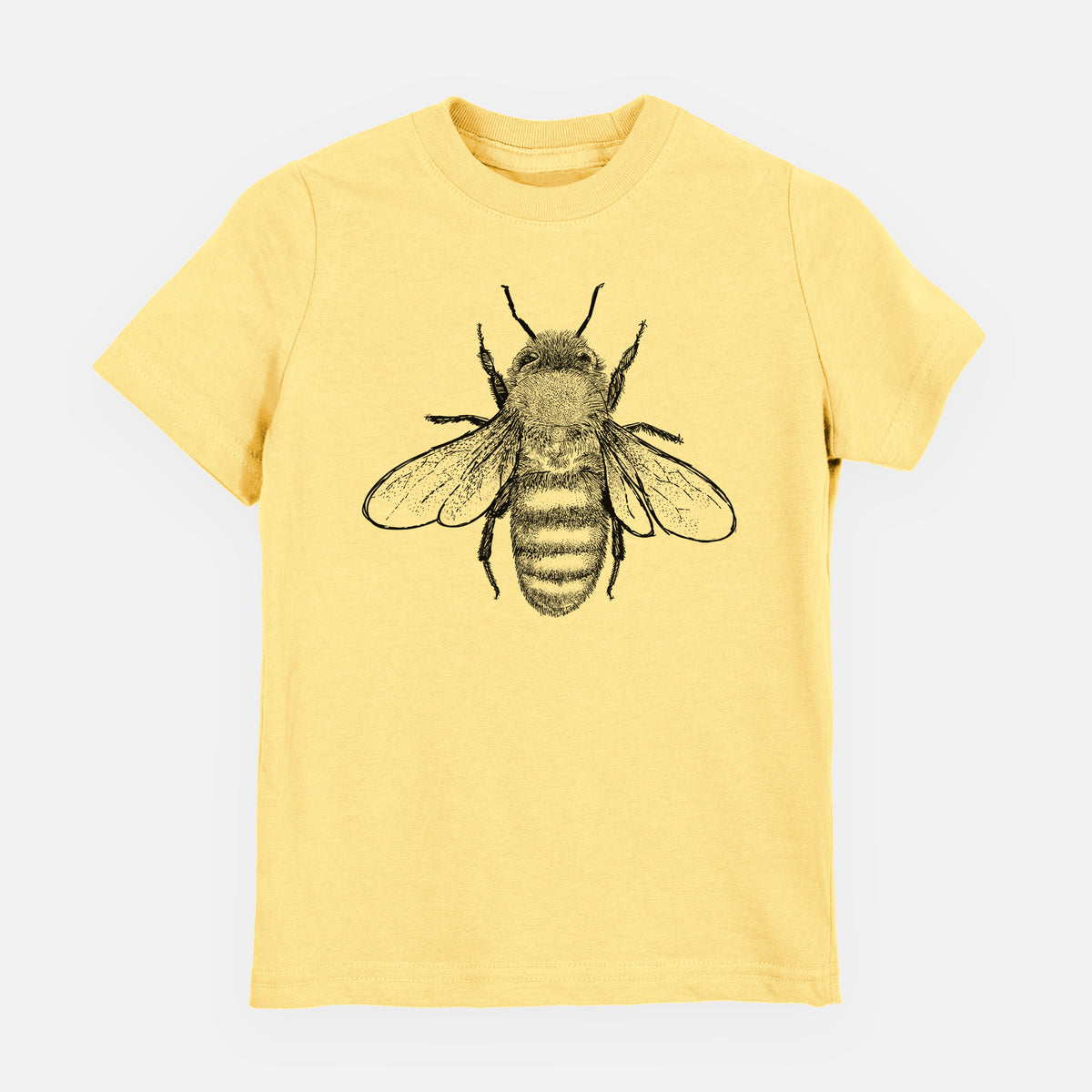 Butter yellow youth t-shirt laid flat, printed with a detailed black ink illustration of a honey bee with its wings spread, seen from above.