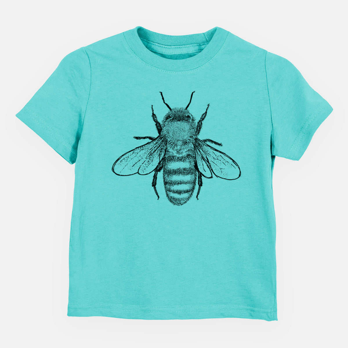 Caribbean blue toddler t-shirt laid flat, printed with a detailed black ink illustration of a honey bee with its wings spread, seen from above.