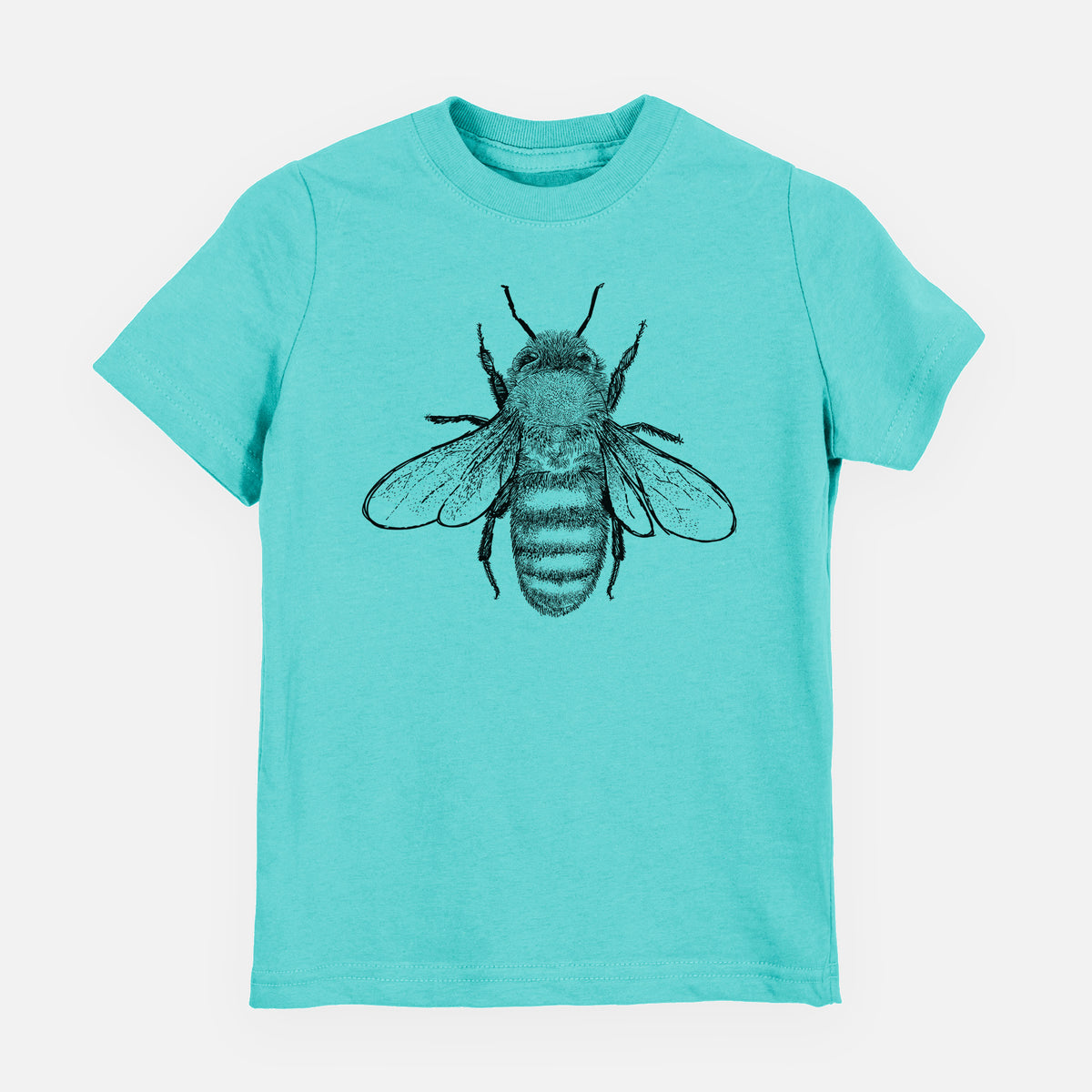 Caribbean blue youth t-shirt laid flat, printed with a detailed black ink illustration of a honey bee with its wings spread, seen from above.