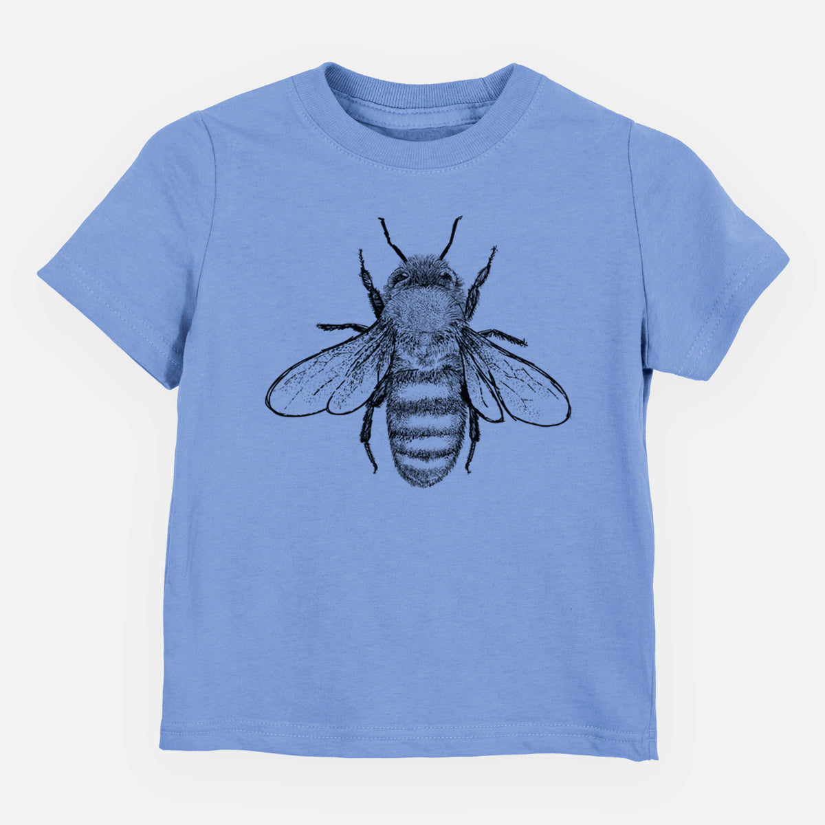Carolina blue toddler t-shirt laid flat, printed with a detailed black ink illustration of a honey bee with its wings spread, seen from above.