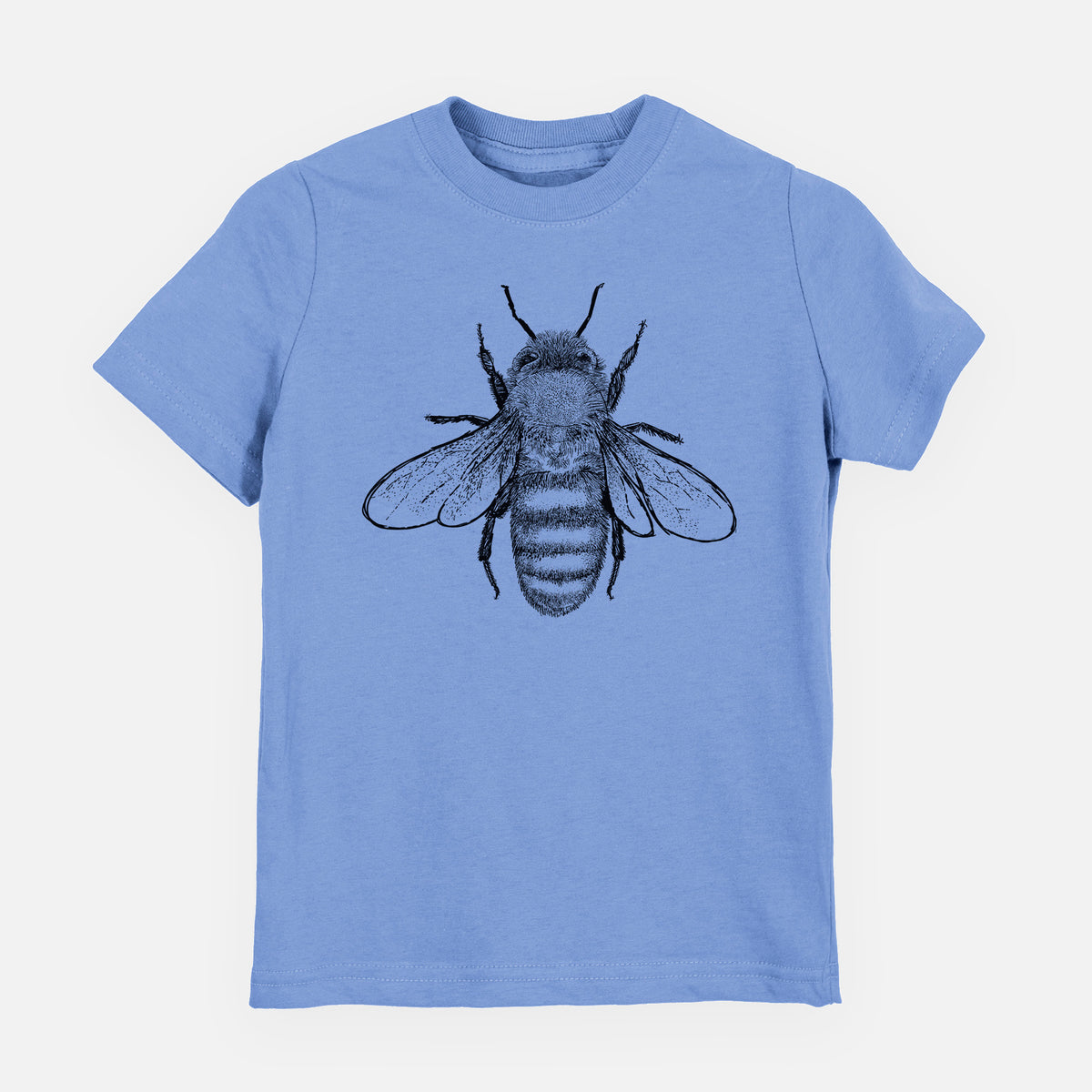 Carolina blue youth t-shirt laid flat, printed with a detailed black ink illustration of a honey bee with its wings spread, seen from above.