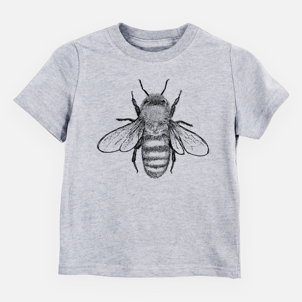 Heather grey toddler t-shirt laid flat, printed with a detailed black ink illustration of a honey bee with its wings spread, seen from above.