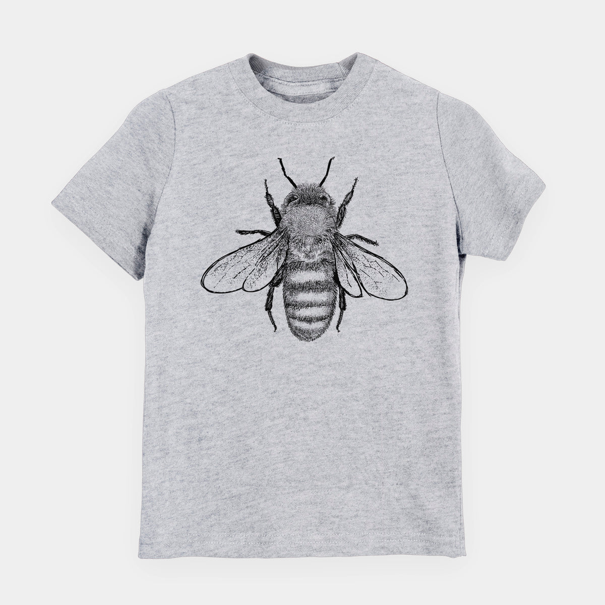 Heather grey youth t-shirt laid flat, printed with a detailed black ink illustration of a honey bee with its wings spread, seen from above.