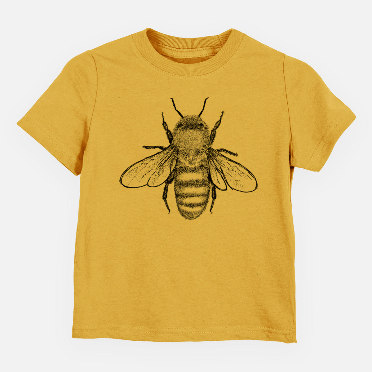 Honeycomb yellow toddler t-shirt laid flat, printed with a detailed black ink illustration of a honey bee with its wings spread, seen from above.