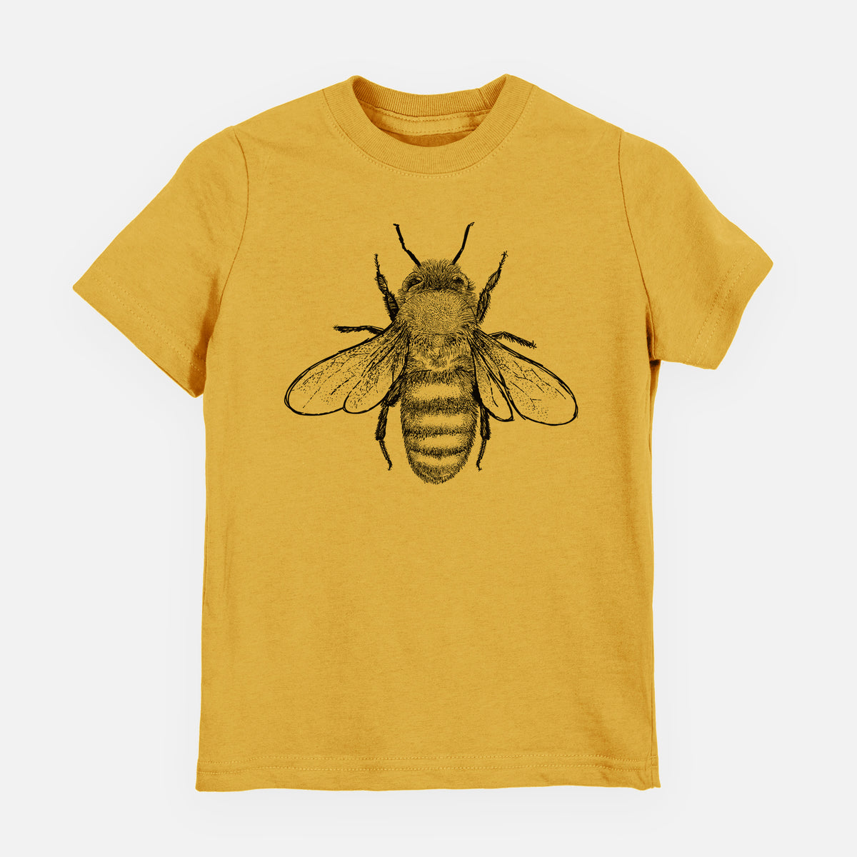 Honeycomb yellow youth t-shirt laid flat, printed with a detailed black ink illustration of a honey bee with its wings spread, seen from above.