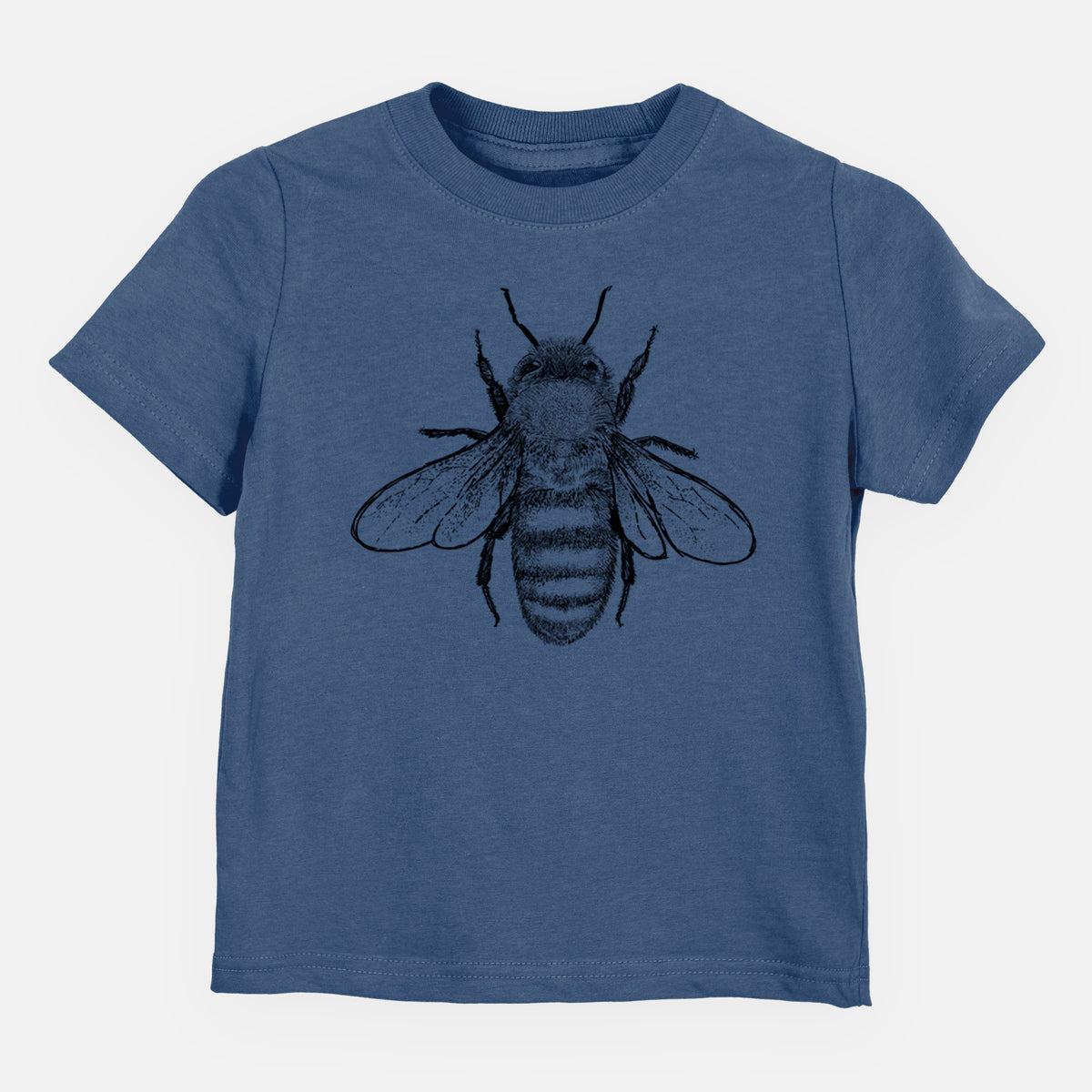 Indigo blue toddler t-shirt laid flat, printed with a detailed black ink illustration of a honey bee with its wings spread, seen from above.