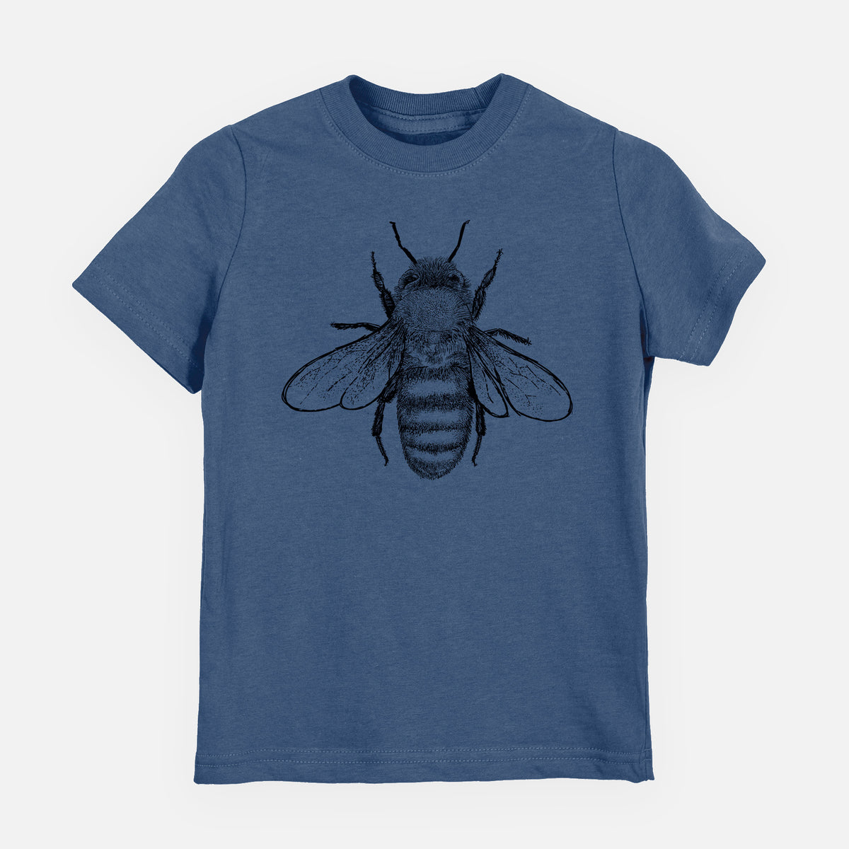 Indigo blue youth t-shirt laid flat, printed with a detailed black ink illustration of a honey bee with its wings spread, seen from above.