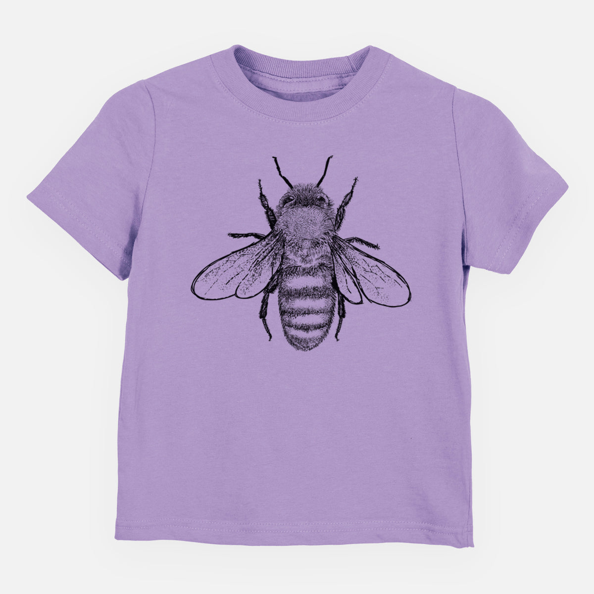 Lavender toddler t-shirt laid flat, printed with a detailed black ink illustration of a honey bee with its wings spread, seen from above.