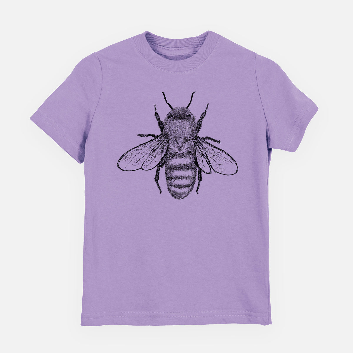 Lavender youth t-shirt laid flat, printed with a detailed black ink illustration of a honey bee with its wings spread, seen from above.