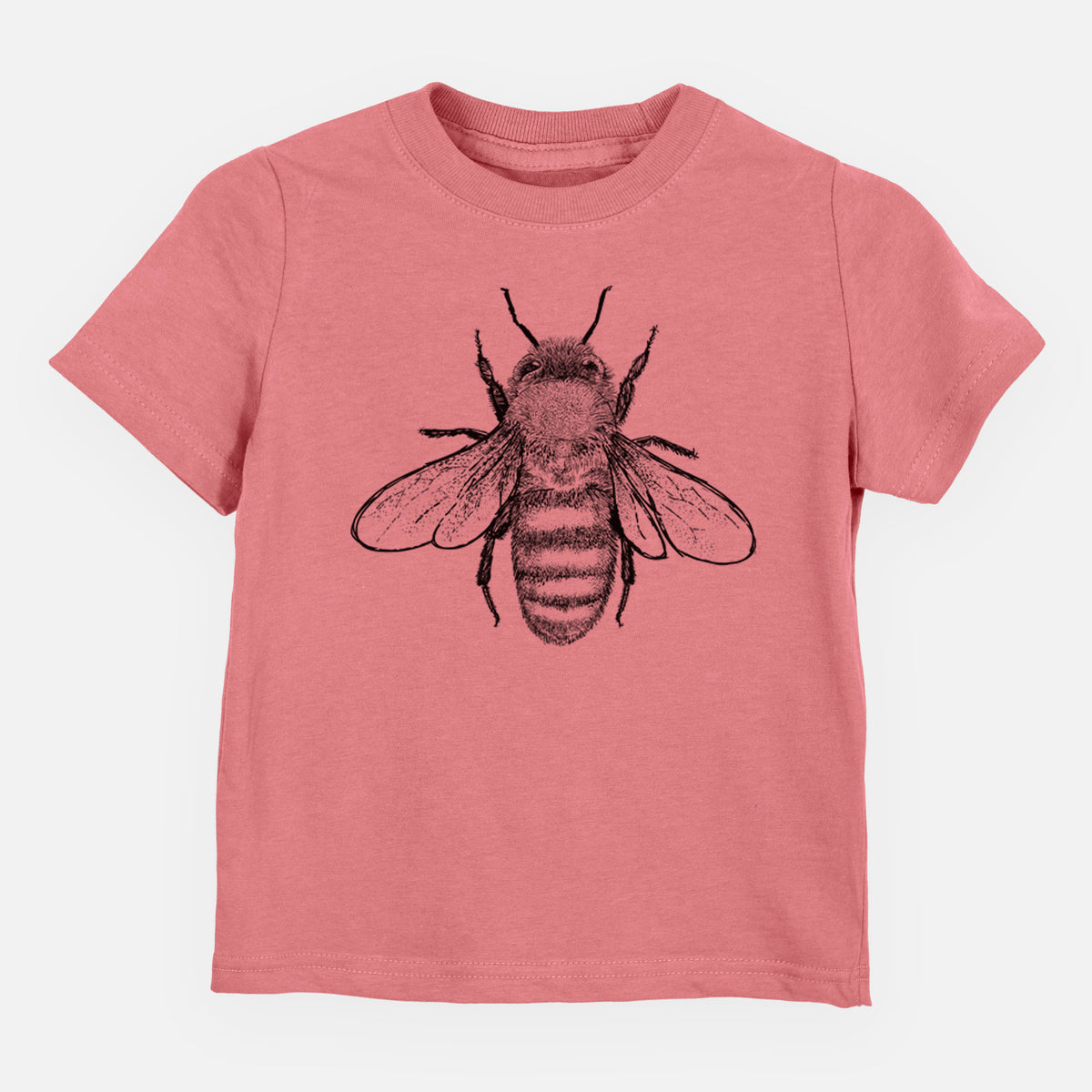 Mauve pink toddler t-shirt laid flat, printed with a detailed black ink illustration of a honey bee with its wings spread, seen from above.