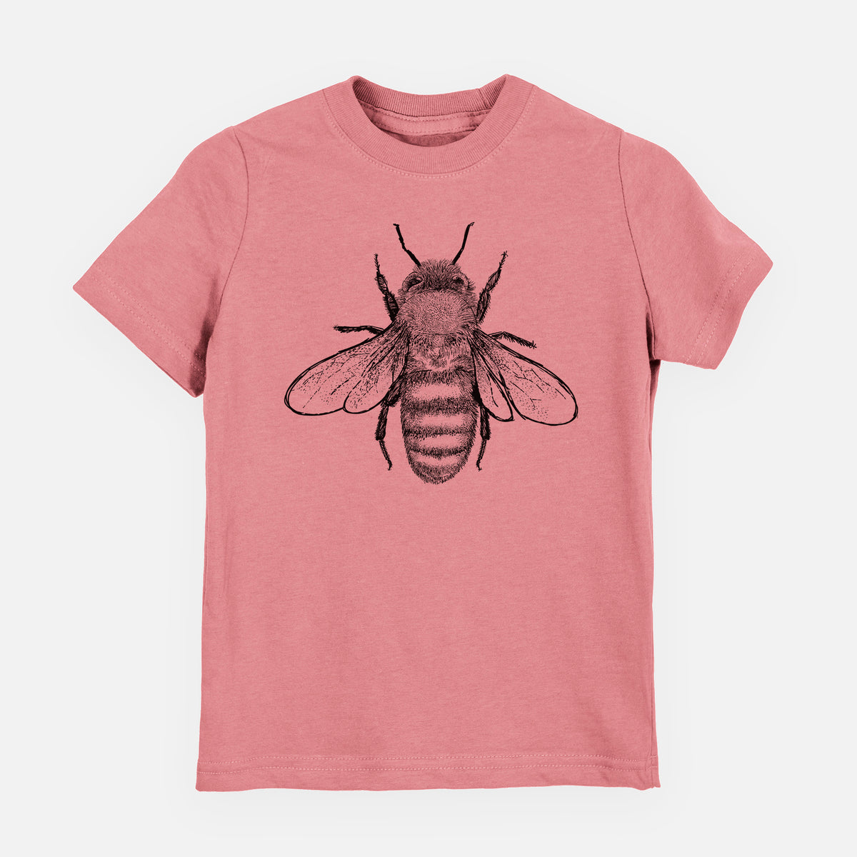 Mauve pink youth t-shirt laid flat, printed with a detailed black ink illustration of a honey bee with its wings spread, seen from above.