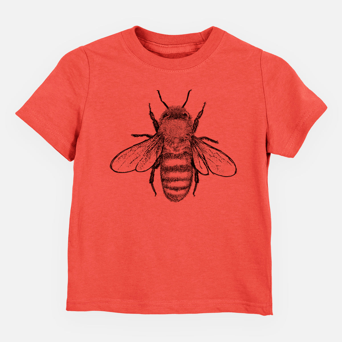 Passionfruit pink toddler t-shirt laid flat, printed with a detailed black ink illustration of a honey bee with its wings spread, seen from above.