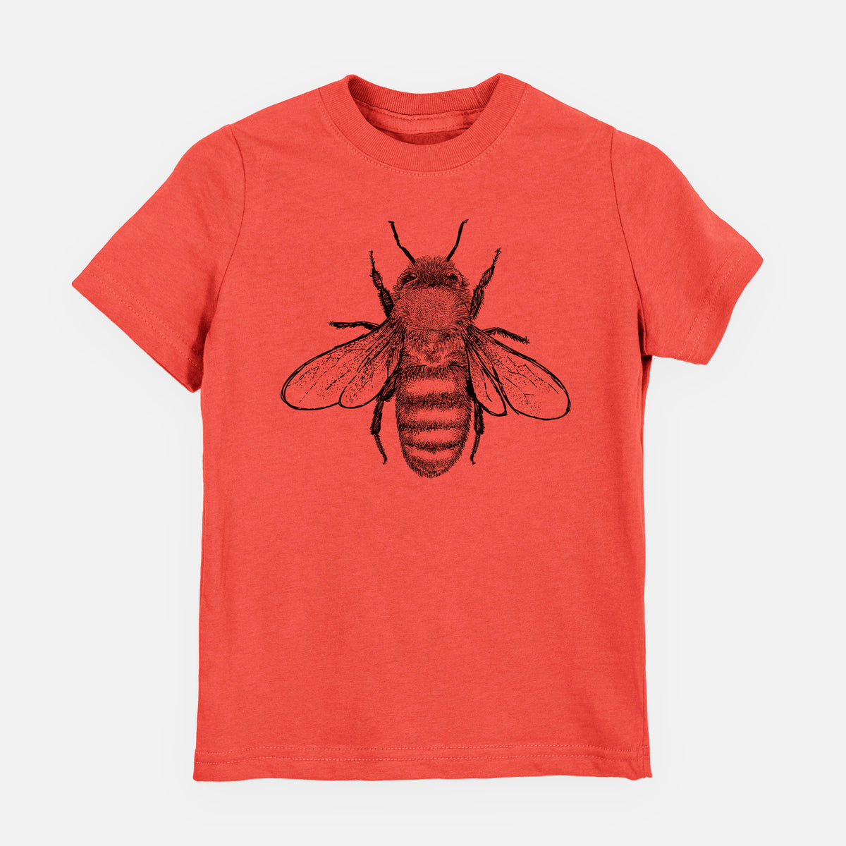 Passionfruit pink youth t-shirt laid flat, printed with a detailed black ink illustration of a honey bee with its wings spread, seen from above.