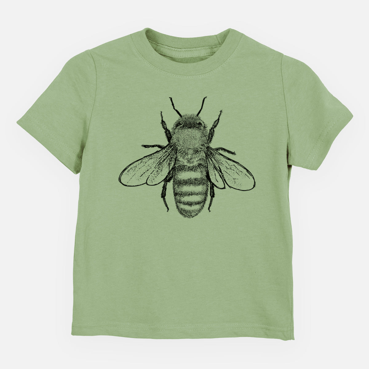 Sage green toddler t-shirt laid flat, printed with a detailed black ink illustration of a honey bee with its wings spread, seen from above.