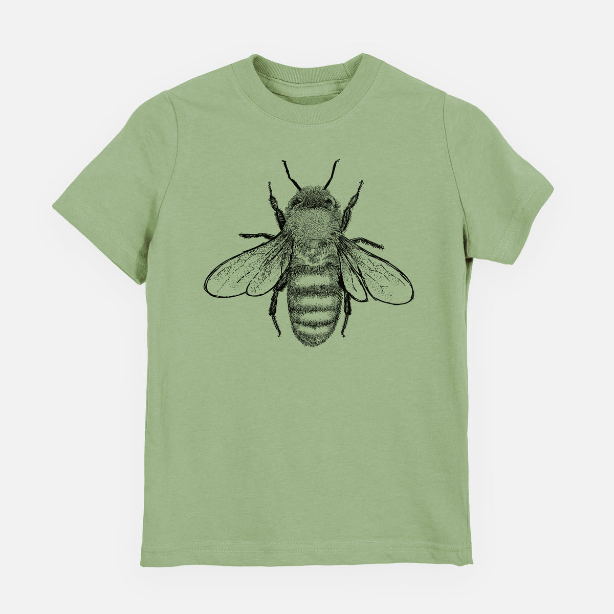 Sage green youth t-shirt laid flat, printed with a detailed black ink illustration of a honey bee with its wings spread, seen from above.