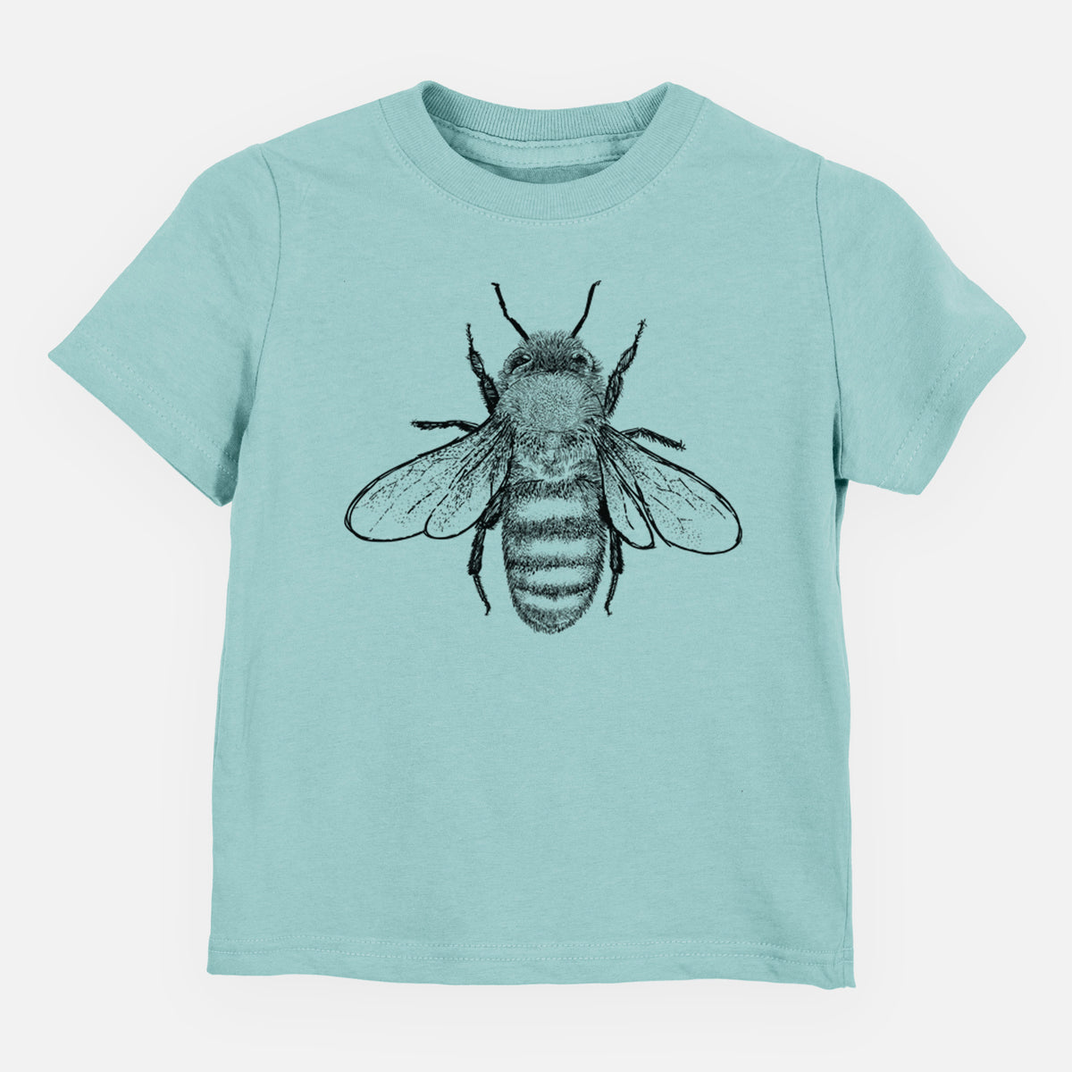 Saltwater toddler t-shirt laid flat, printed with a detailed black ink illustration of a honey bee with its wings spread, seen from above.