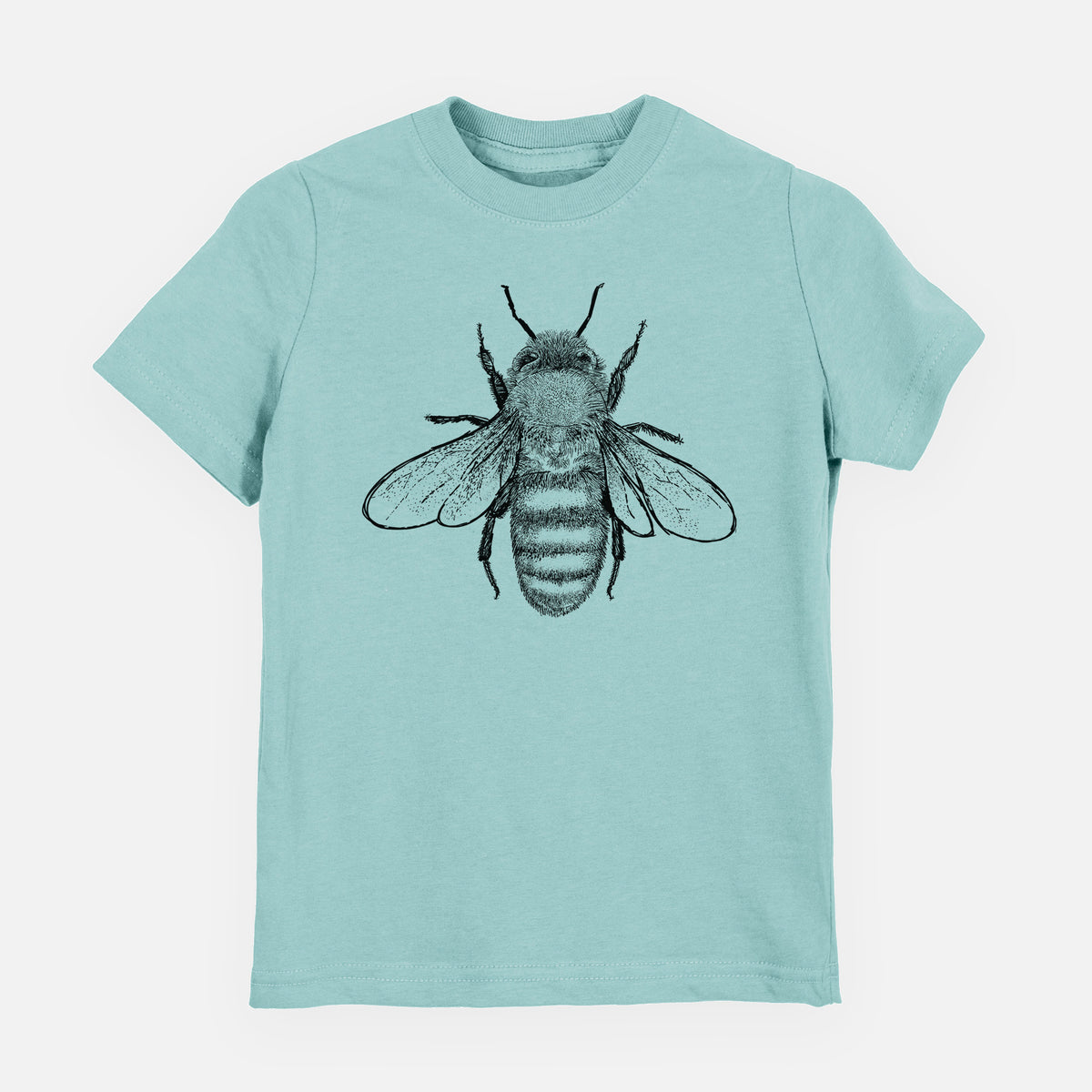 Saltwater youth t-shirt laid flat, printed with a detailed black ink illustration of a honey bee with its wings spread, seen from above.