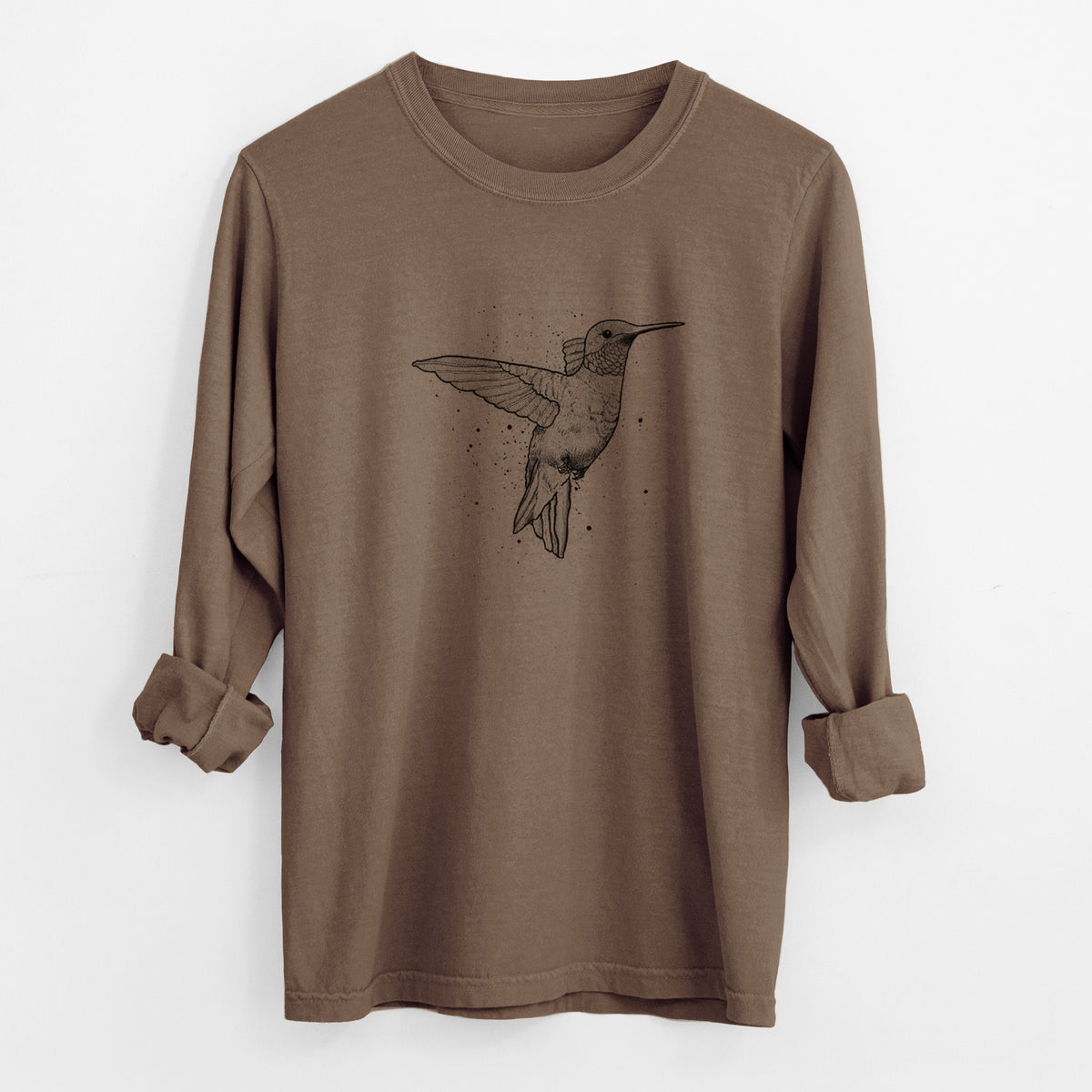 Espresso brown Comfort Colors long sleeve shirt laid flat with the cuffs rolled, printed with a black ink sketch of a ruby-throated hummingbird hovering with its wings raised.