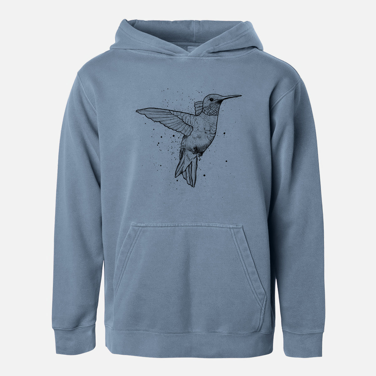 Slate blue youth pigment dyed hoodie laid flat, printed with a black ink sketch of a ruby-throated hummingbird hovering with its wings raised.