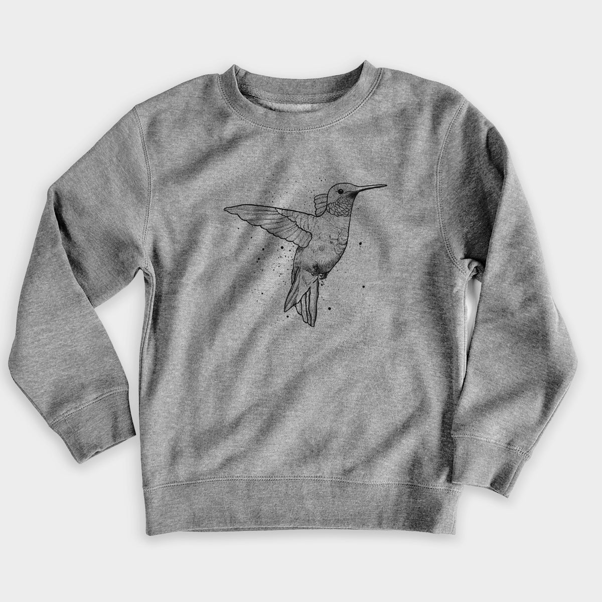Nickel grey youth crewneck sweatshirt laid flat, printed with a black ink sketch of a ruby-throated hummingbird hovering with its wings raised.